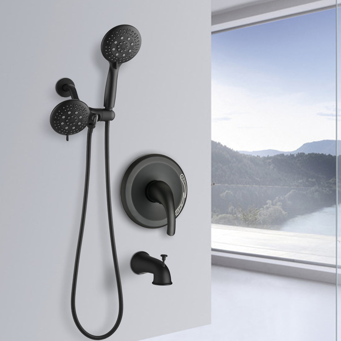 Classic High Pressure Single Handle 6 Function Rain Shower Head With Handheld Shower With Tup Spout Matte Black Abs