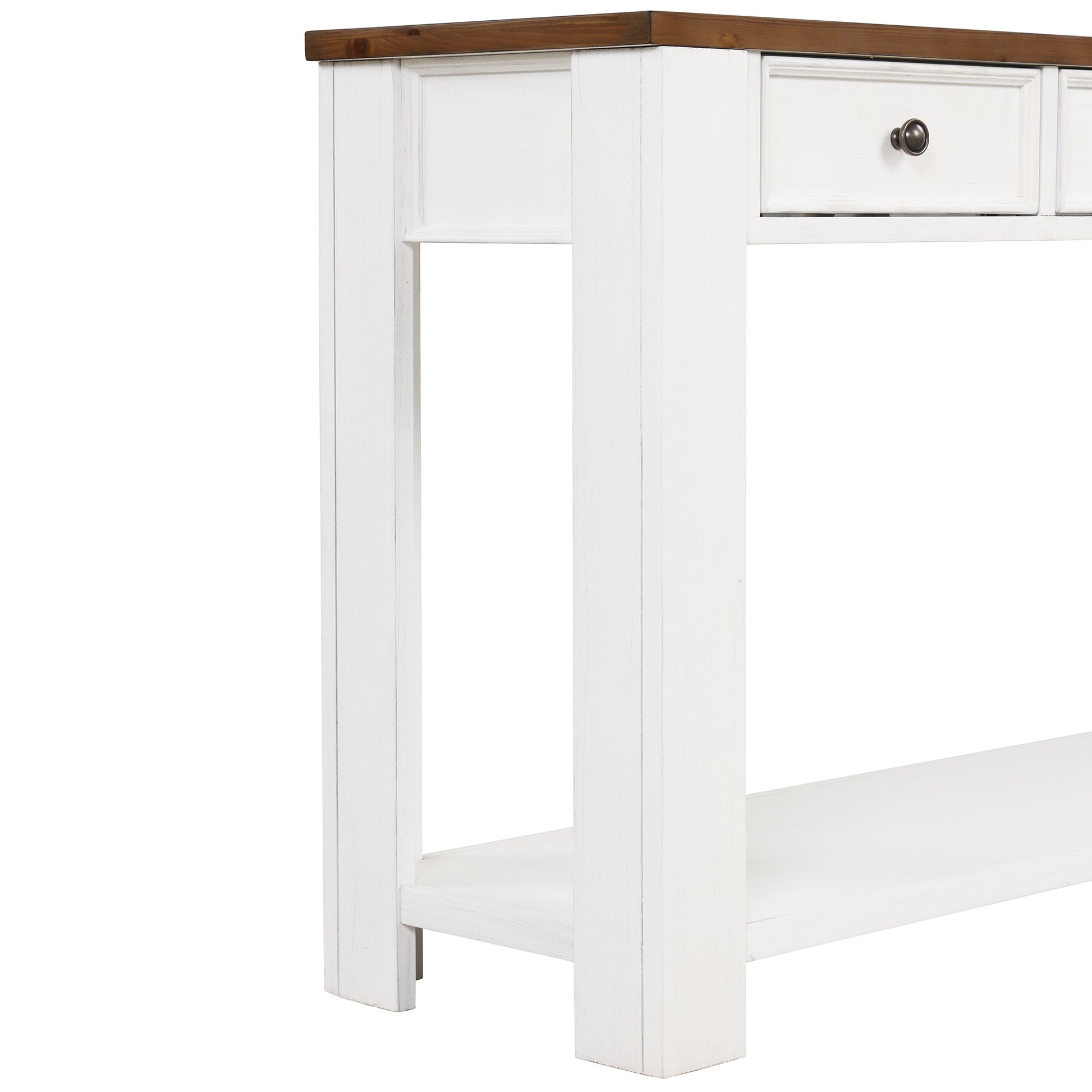 63" Pine Wood Console Table With 4 Drawers And 1 Bottom Shelf For Entryway Hallway Easy Assembly 63 Inch Long Sofa Table Antique White Brown Top Antique White Pine