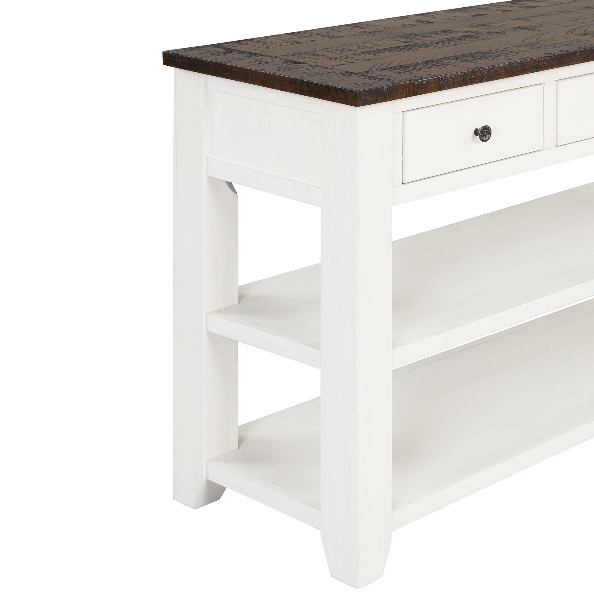 48'' Solid Pine Wood Top Console Table, Modern Entryway Sofa Side Table With 3 Storage Drawers And 2 Shelves. Easy To Assemble Antique White Brown Top Antique White Pine