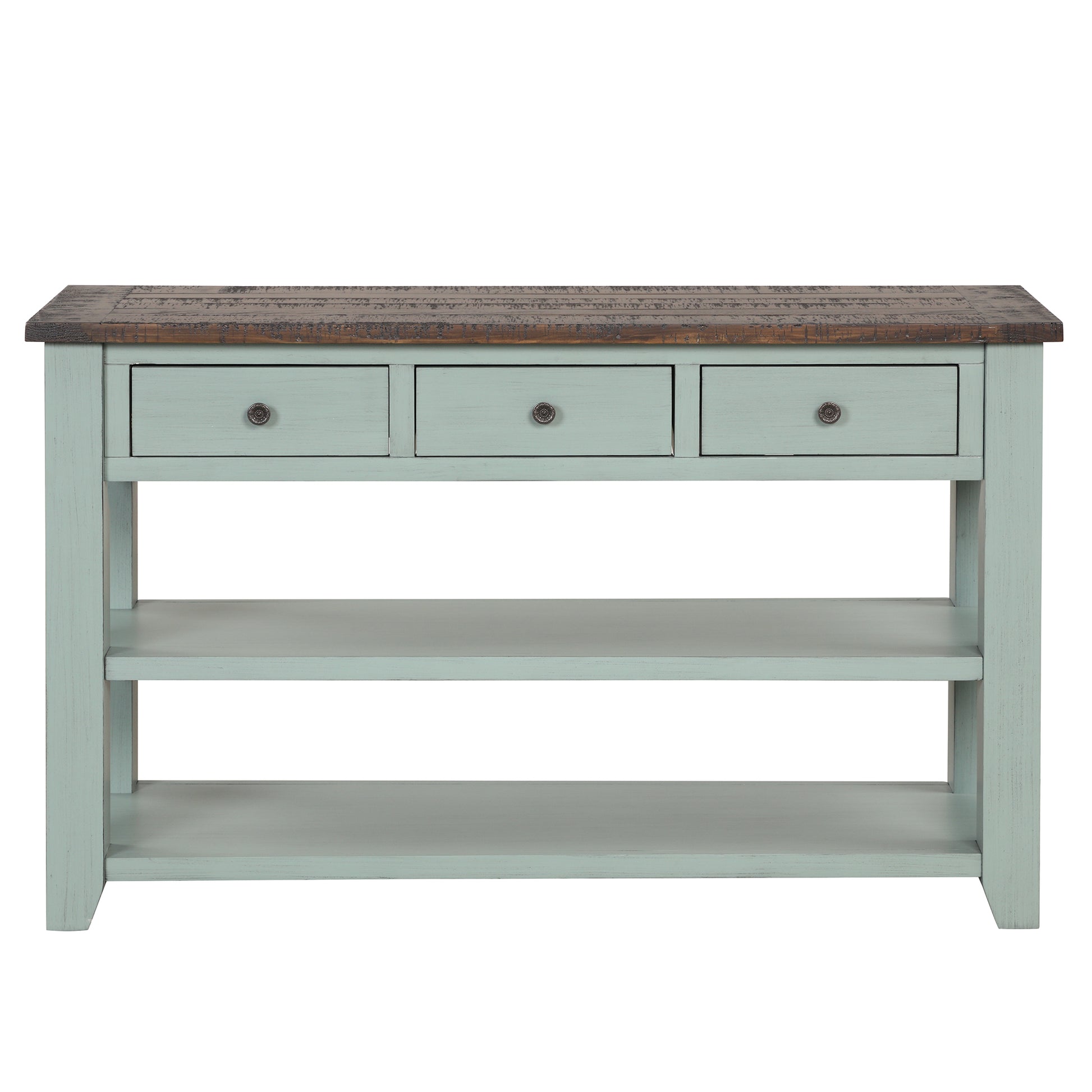 48'' Solid Pine Wood Top Console Table, Modern Entryway Sofa Side Table With 3 Storage Drawers And 2 Shelves. Easy To Assemble Green Brown Top Green Pine