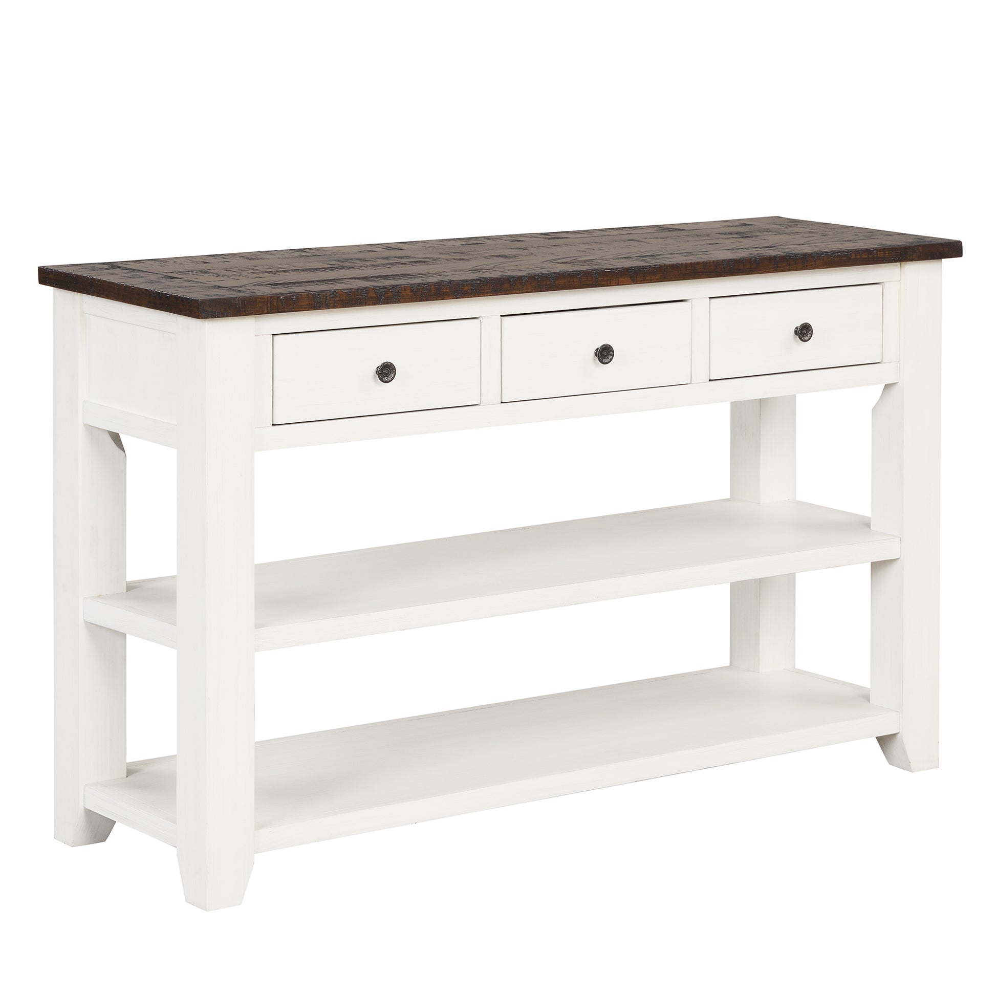 48'' Solid Pine Wood Top Console Table, Modern Entryway Sofa Side Table With 3 Storage Drawers And 2 Shelves. Easy To Assemble Antique White Brown Top Antique White Pine