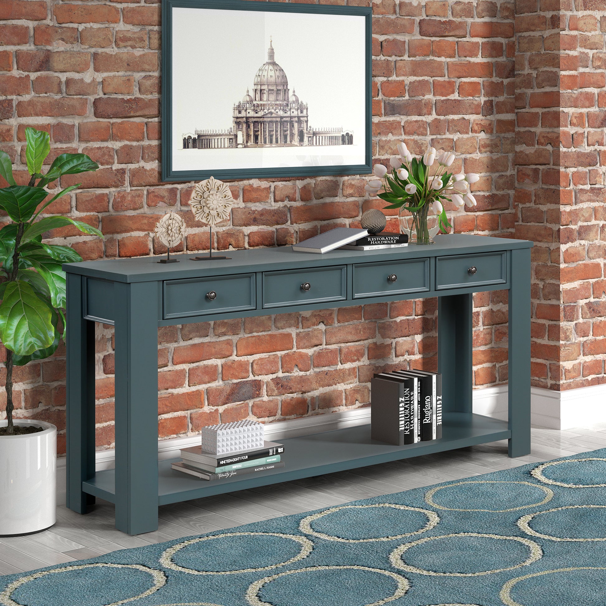 63" Pine Wood Console Table With 4 Drawers And 1 Bottom Shelf For Entryway Hallway Easy Assembly 63 Inch Long Sofa Table Dark Blue Blue Pine