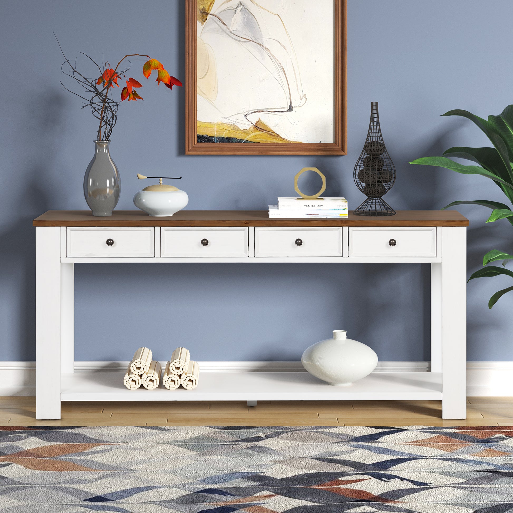 63" Pine Wood Console Table With 4 Drawers And 1 Bottom Shelf For Entryway Hallway Easy Assembly 63 Inch Long Sofa Table Antique White Brown Top Antique White Pine