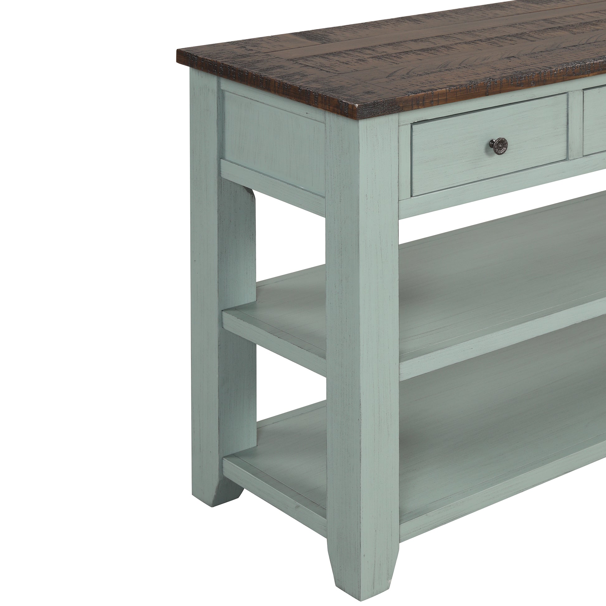 48'' Solid Pine Wood Top Console Table, Modern Entryway Sofa Side Table With 3 Storage Drawers And 2 Shelves. Easy To Assemble Green Brown Top Green Pine