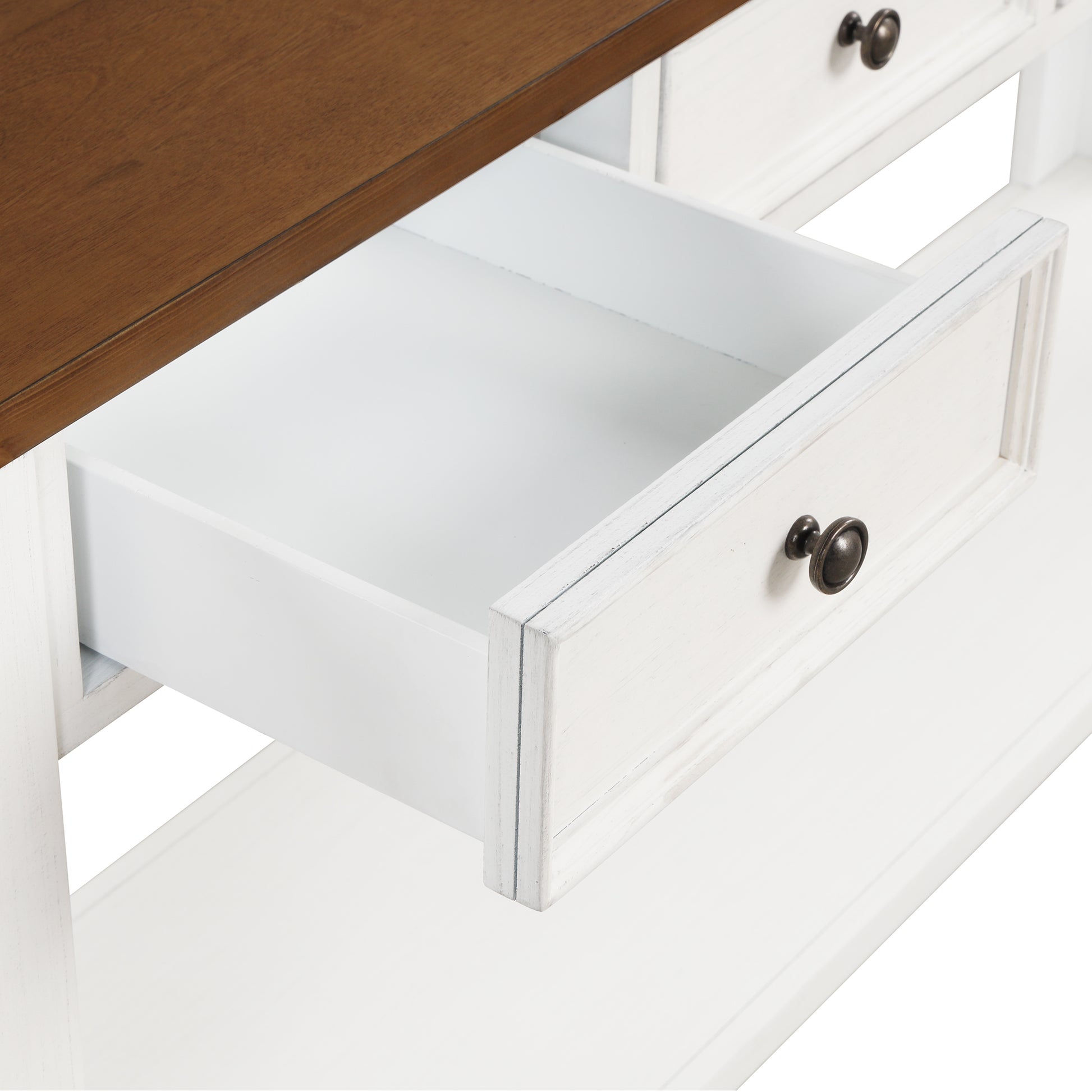63" Pine Wood Console Table With 4 Drawers And 1 Bottom Shelf For Entryway Hallway Easy Assembly 63 Inch Long Sofa Table Antique White Brown Top Antique White Pine