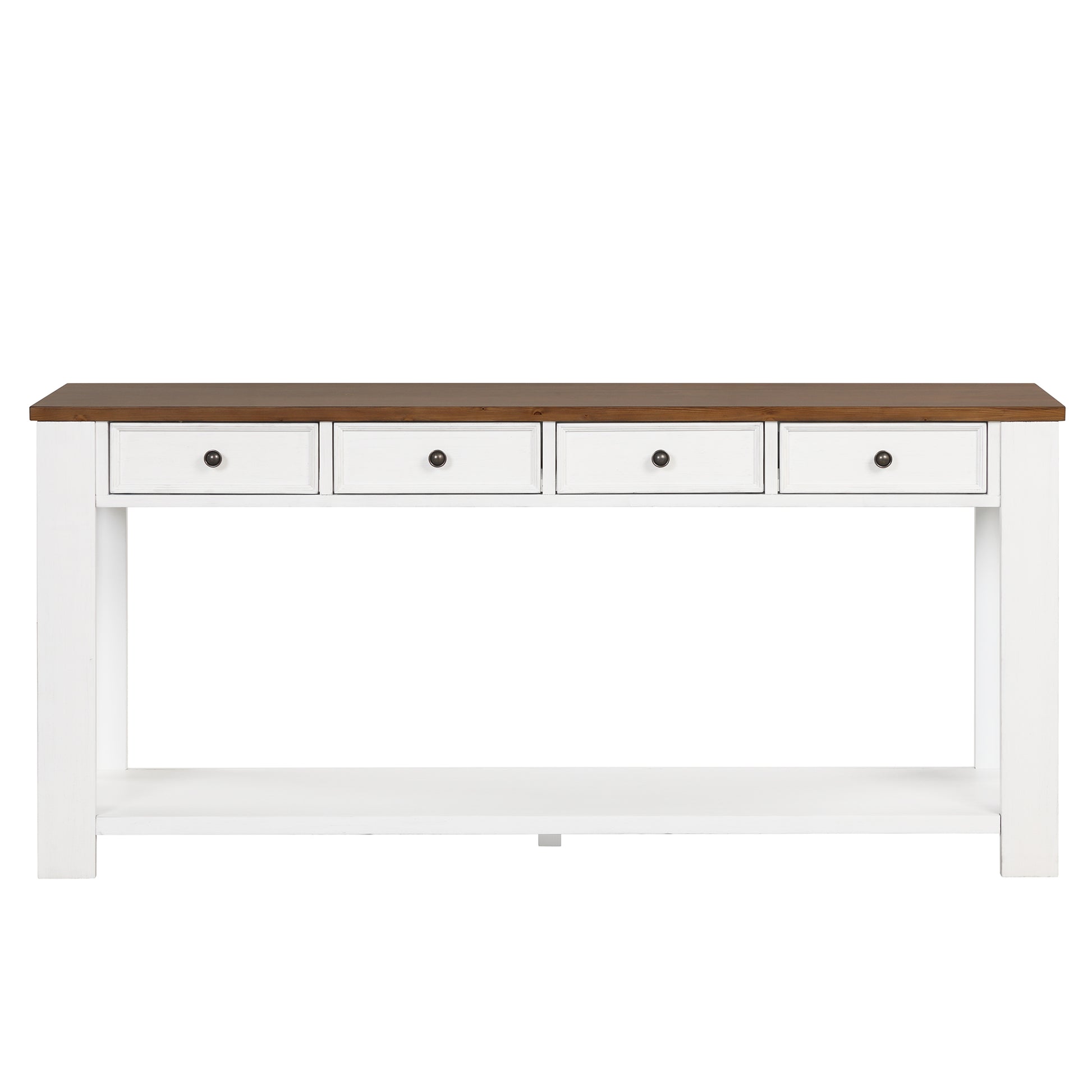 63" Pine Wood Console Table With 4 Drawers And 1 Bottom Shelf For Entryway Hallway Easy Assembly 63 Inch Long Sofa Table Antique White Brown Top Antique White Pine