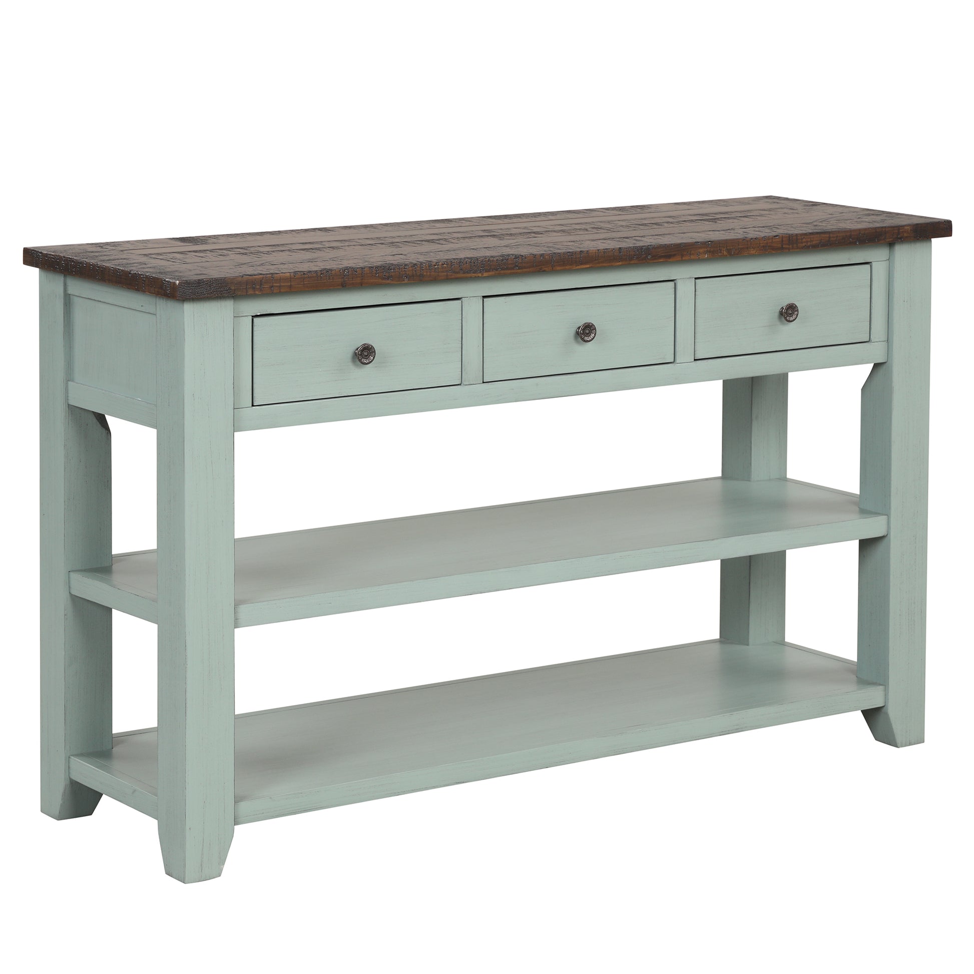 48'' Solid Pine Wood Top Console Table, Modern Entryway Sofa Side Table With 3 Storage Drawers And 2 Shelves. Easy To Assemble Green Brown Top Green Pine