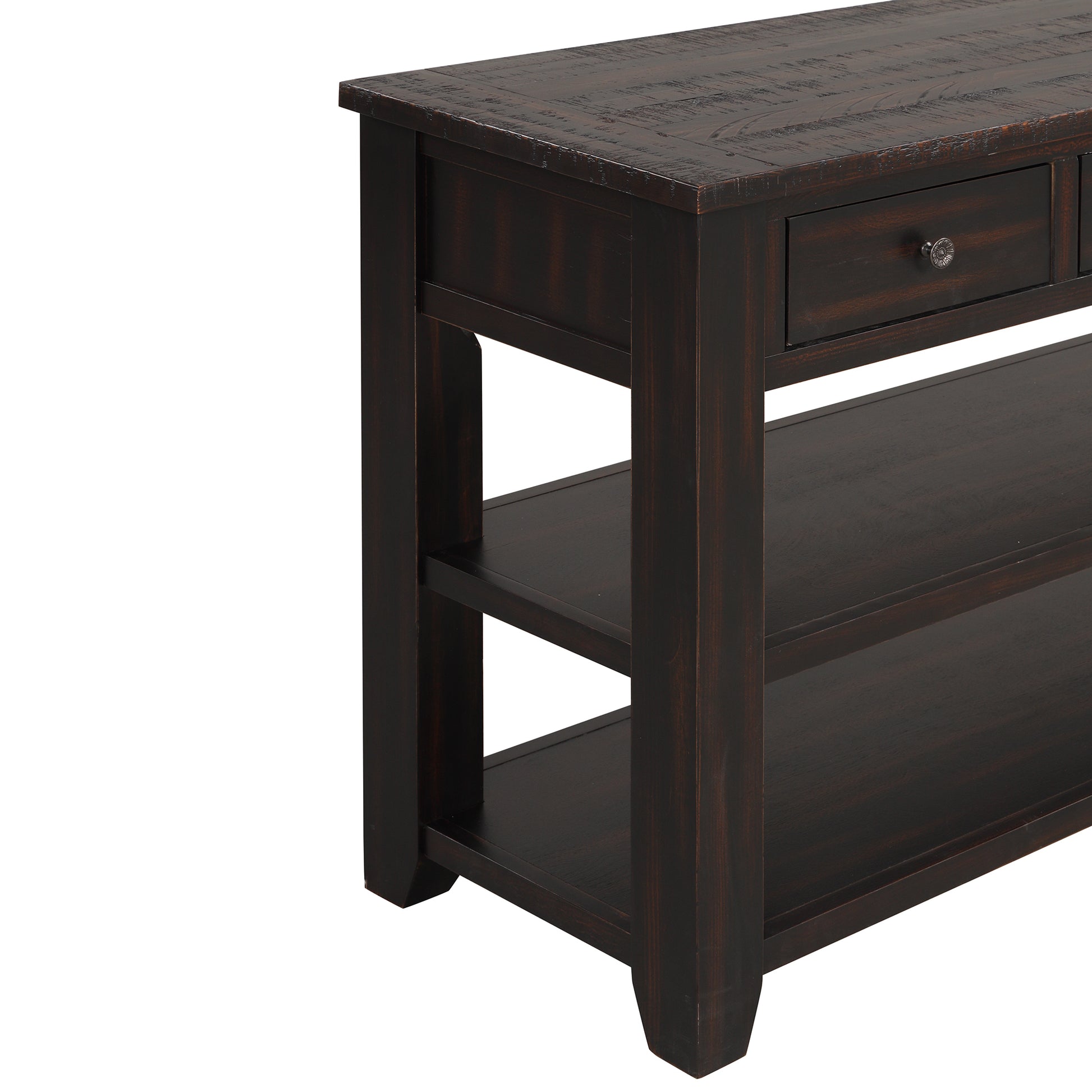 48'' Solid Pine Wood Top Console Table, Modern Entryway Sofa Side Table With 3 Storage Drawers And 2 Shelves. Easy To Assemble Black Black Pine