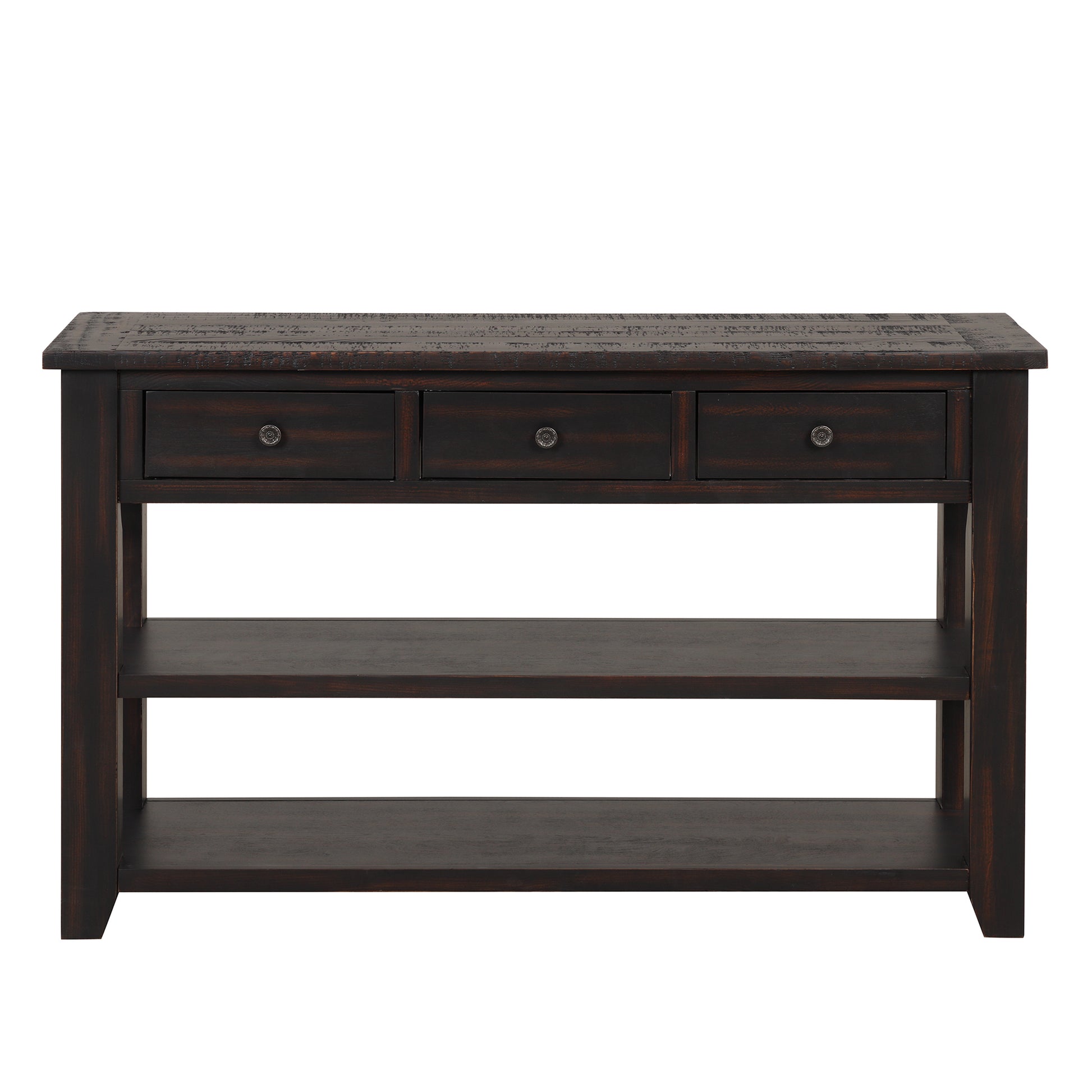 48'' Solid Pine Wood Top Console Table, Modern Entryway Sofa Side Table With 3 Storage Drawers And 2 Shelves. Easy To Assemble Black Black Pine