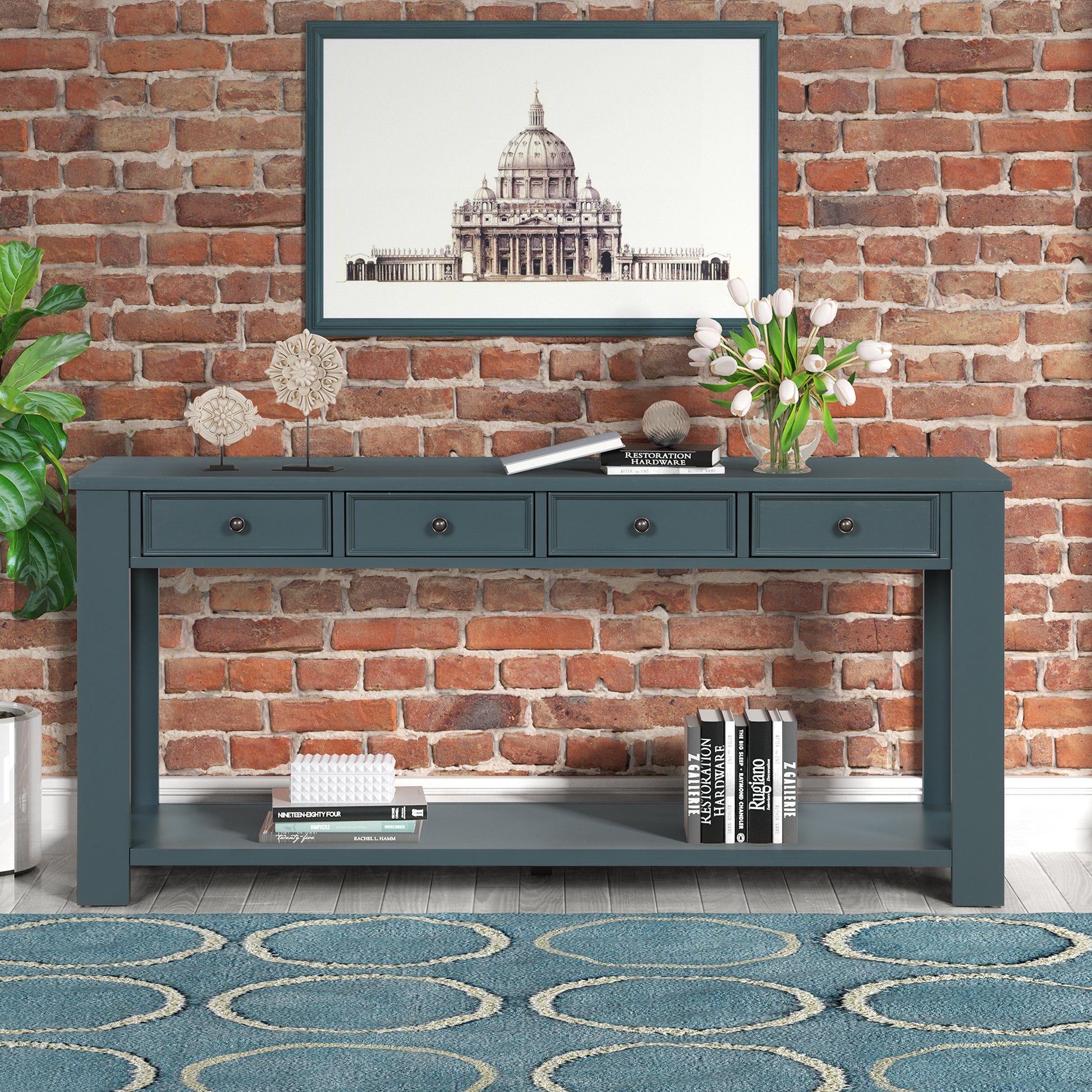 63" Pine Wood Console Table With 4 Drawers And 1 Bottom Shelf For Entryway Hallway Easy Assembly 63 Inch Long Sofa Table Dark Blue Blue Pine