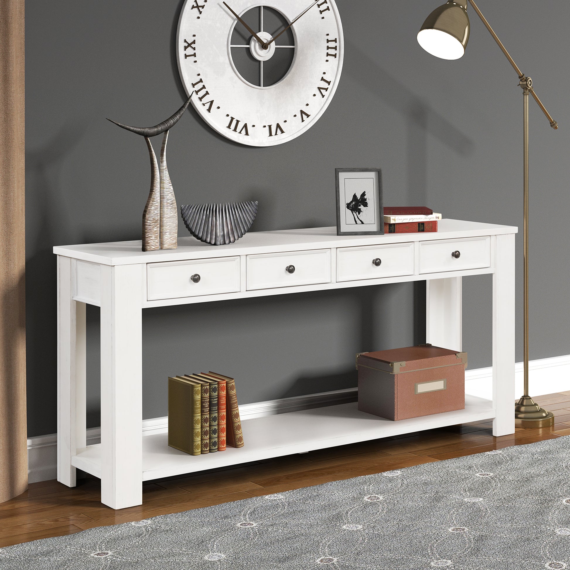 63" Pine Wood Console Table With 4 Drawers And 1 Bottom Shelf For Entryway Hallway Easy Assembly 63 Inch Long Sofa Table Antique White Antique White Pine