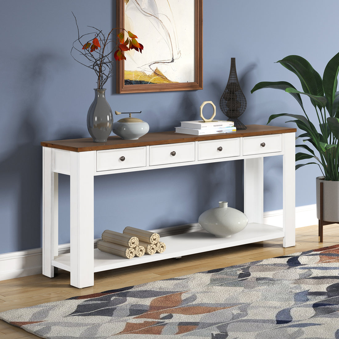 63" Pine Wood Console Table With 4 Drawers And 1 Bottom Shelf For Entryway Hallway Easy Assembly 63 Inch Long Sofa Table Antique White Brown Top Antique White Pine