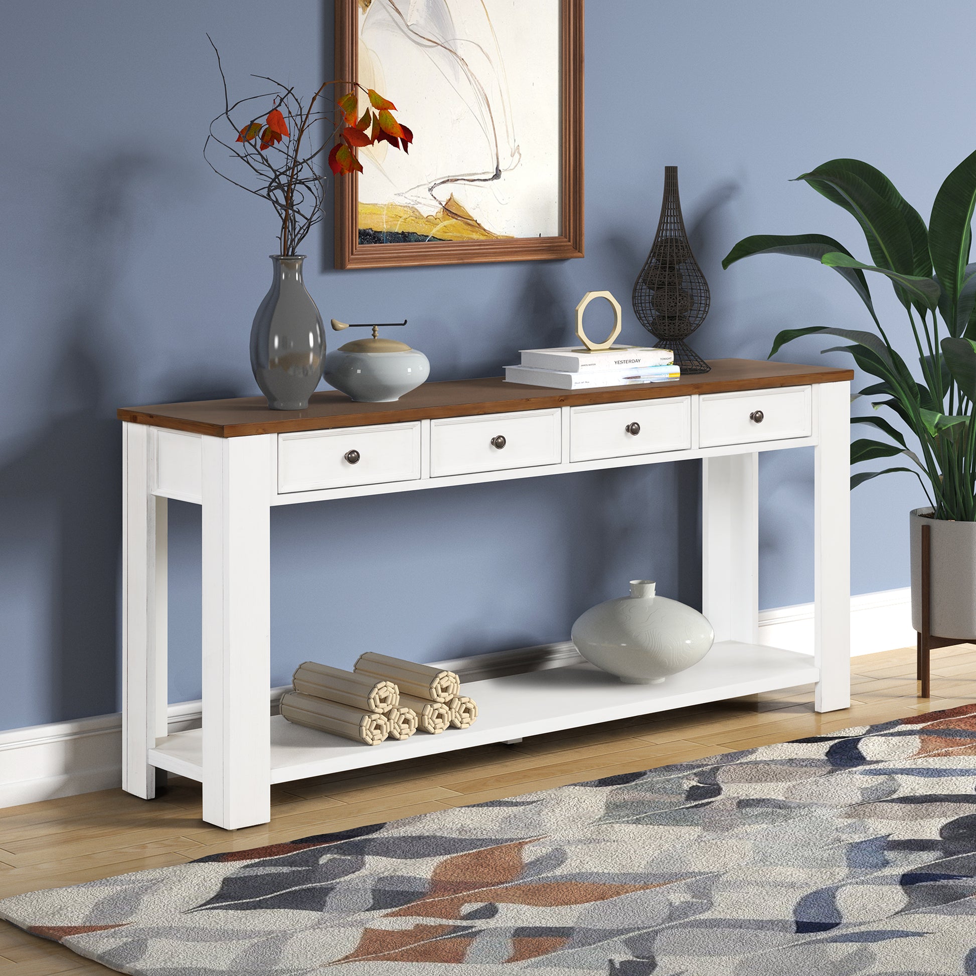 63" Pine Wood Console Table With 4 Drawers And 1 Bottom Shelf For Entryway Hallway Easy Assembly 63 Inch Long Sofa Table Antique White Brown Top Antique White Pine
