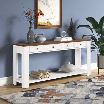 63" Pine Wood Console Table With 4 Drawers And 1 Bottom Shelf For Entryway Hallway Easy Assembly 63 Inch Long Sofa Table Antique White Brown Top Antique White Pine