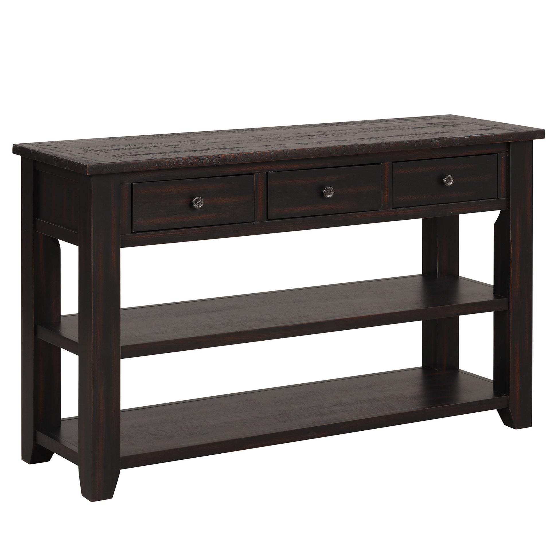 48'' Solid Pine Wood Top Console Table, Modern Entryway Sofa Side Table With 3 Storage Drawers And 2 Shelves. Easy To Assemble Black Black Pine