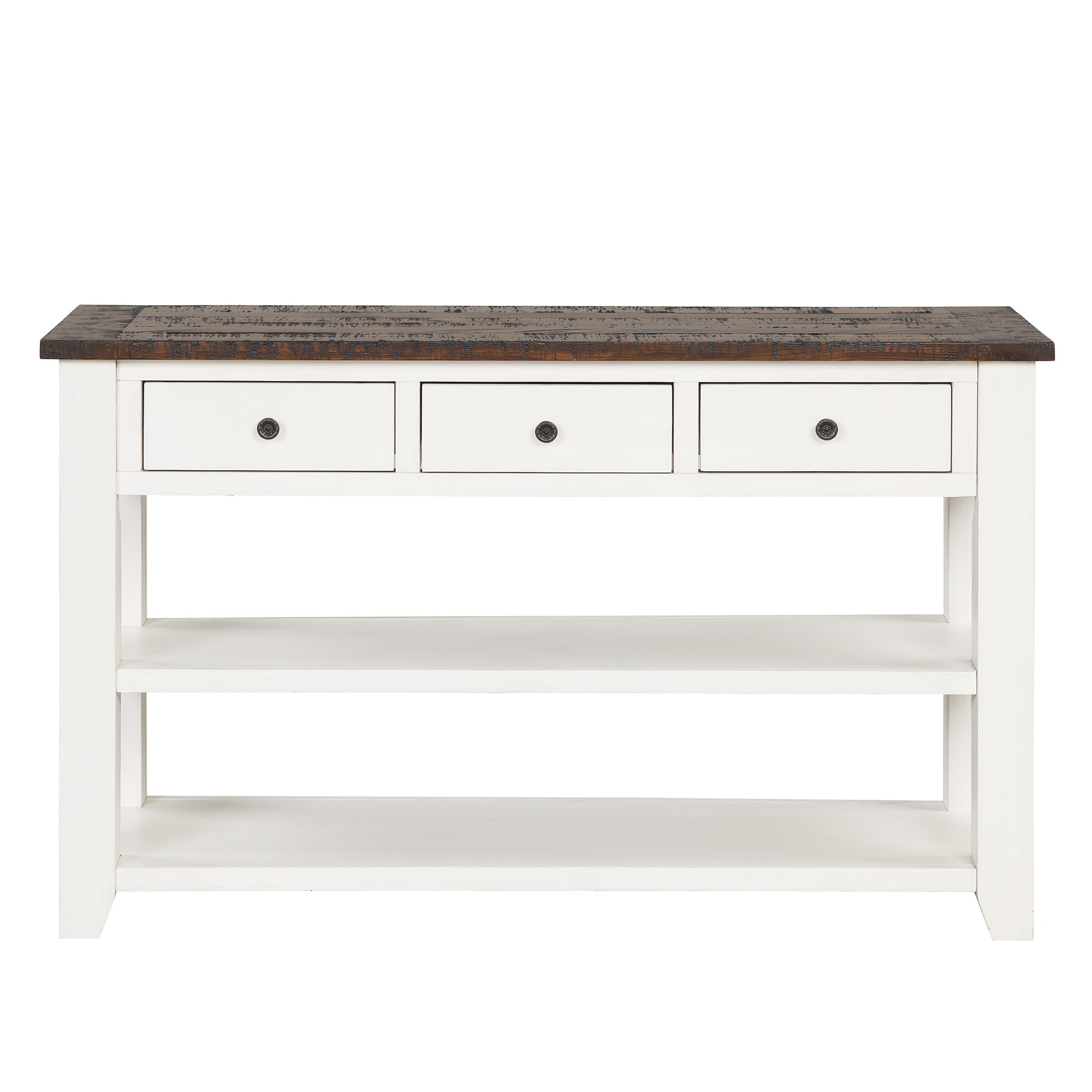 48'' Solid Pine Wood Top Console Table, Modern Entryway Sofa Side Table With 3 Storage Drawers And 2 Shelves. Easy To Assemble Antique White Brown Top Antique White Pine