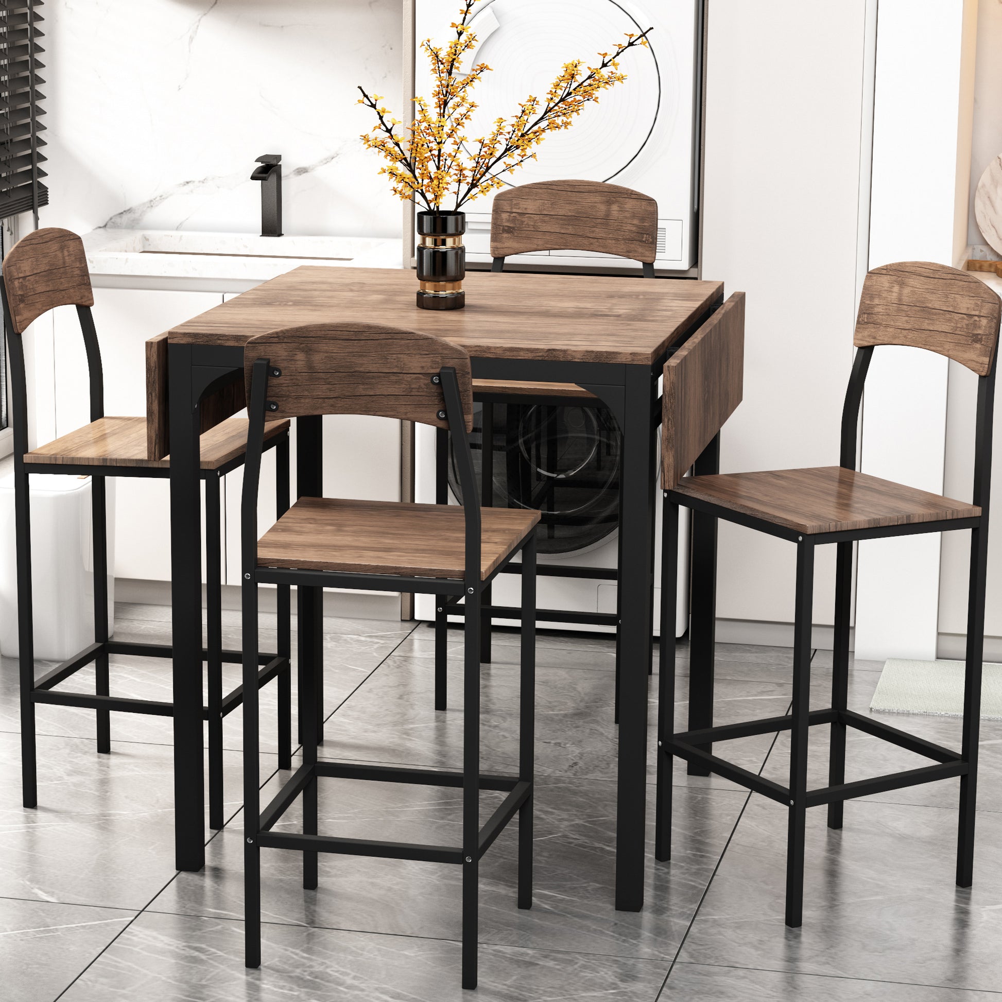 Farmhouse 5 Piece Counter Height Drop Leaf Dining Table Set With Dining Chairs For 4,Black Frame Brown Tabletop Brown Solid Back Seats 4 Metal Dining Room Drop Leaf Folding Farmhouse 4 Leg Rectangular Dining Table With Chair Metal