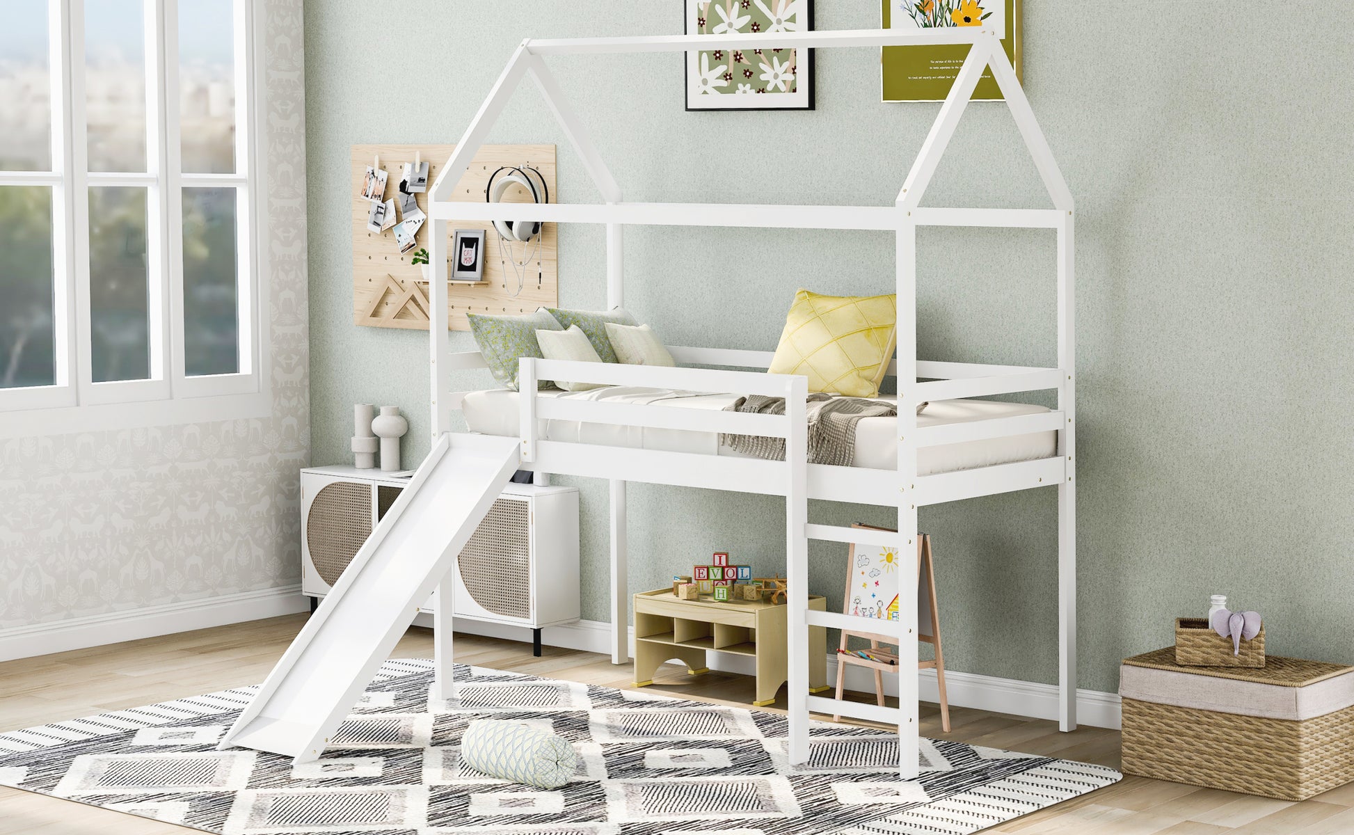 Twin Loft Bed With Slide, House Bed With Slide,White Old Sku :Wf286245Aak Twin White Solid Wood