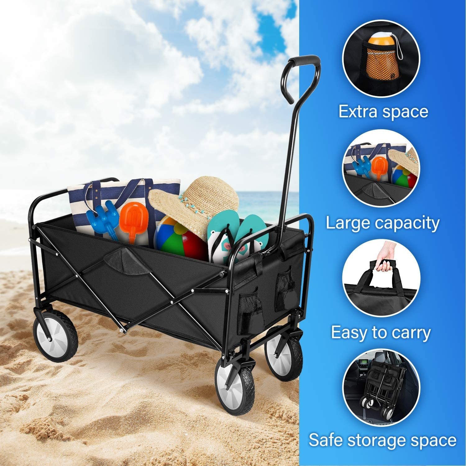 Yssoa Heavy Duty Folding Portable Hand Cart With Removable Canopy, 8'' Wheels, Adjustable Handles And Double Fabric For Shopping, Picnic, Beach, Camping Black Steel