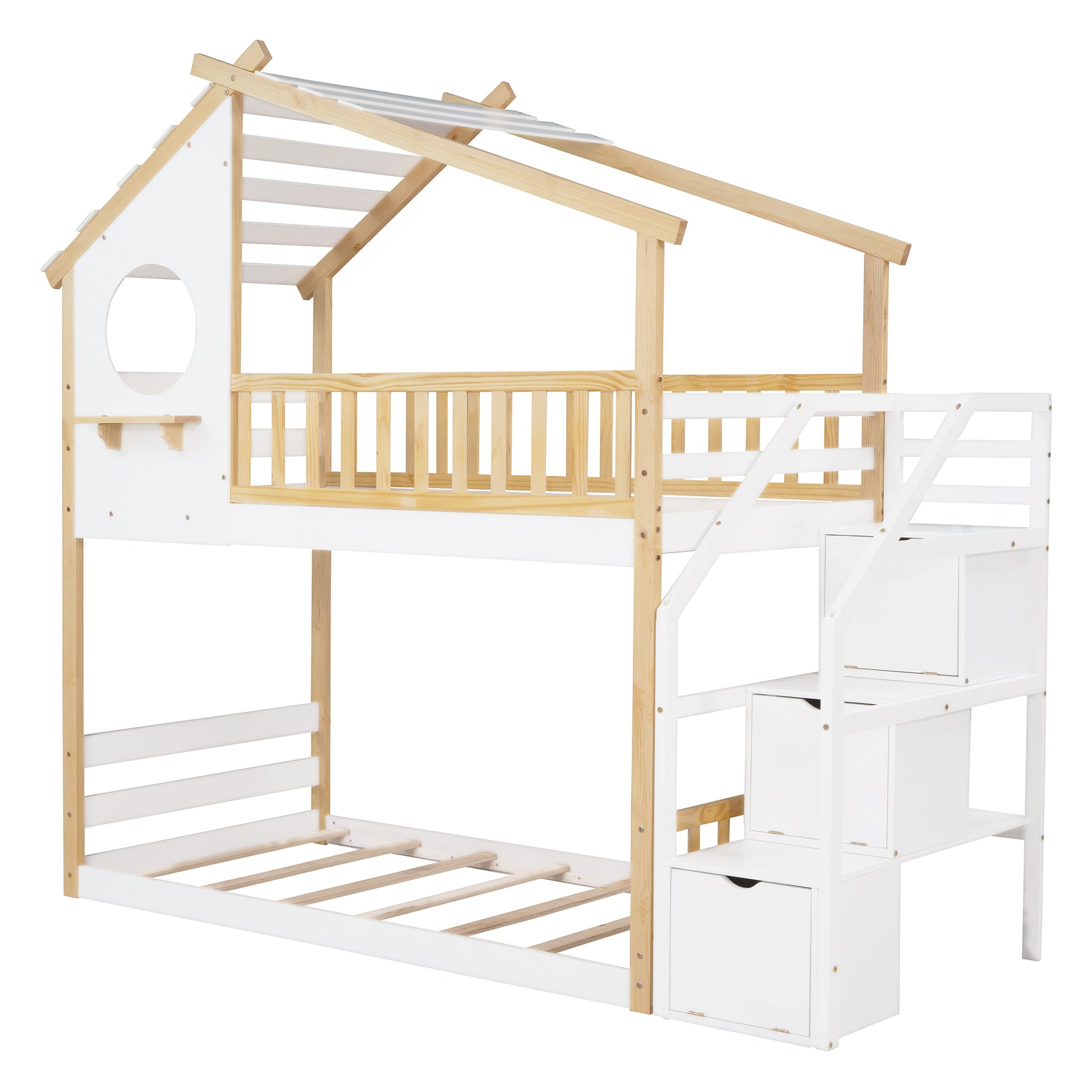 Stairway Twin Over Twin Bunk Bed,House Bed,Storage And Guard Rail,Natural Bed White Stair Old Sku :Lt000308Aak White Solid Wood