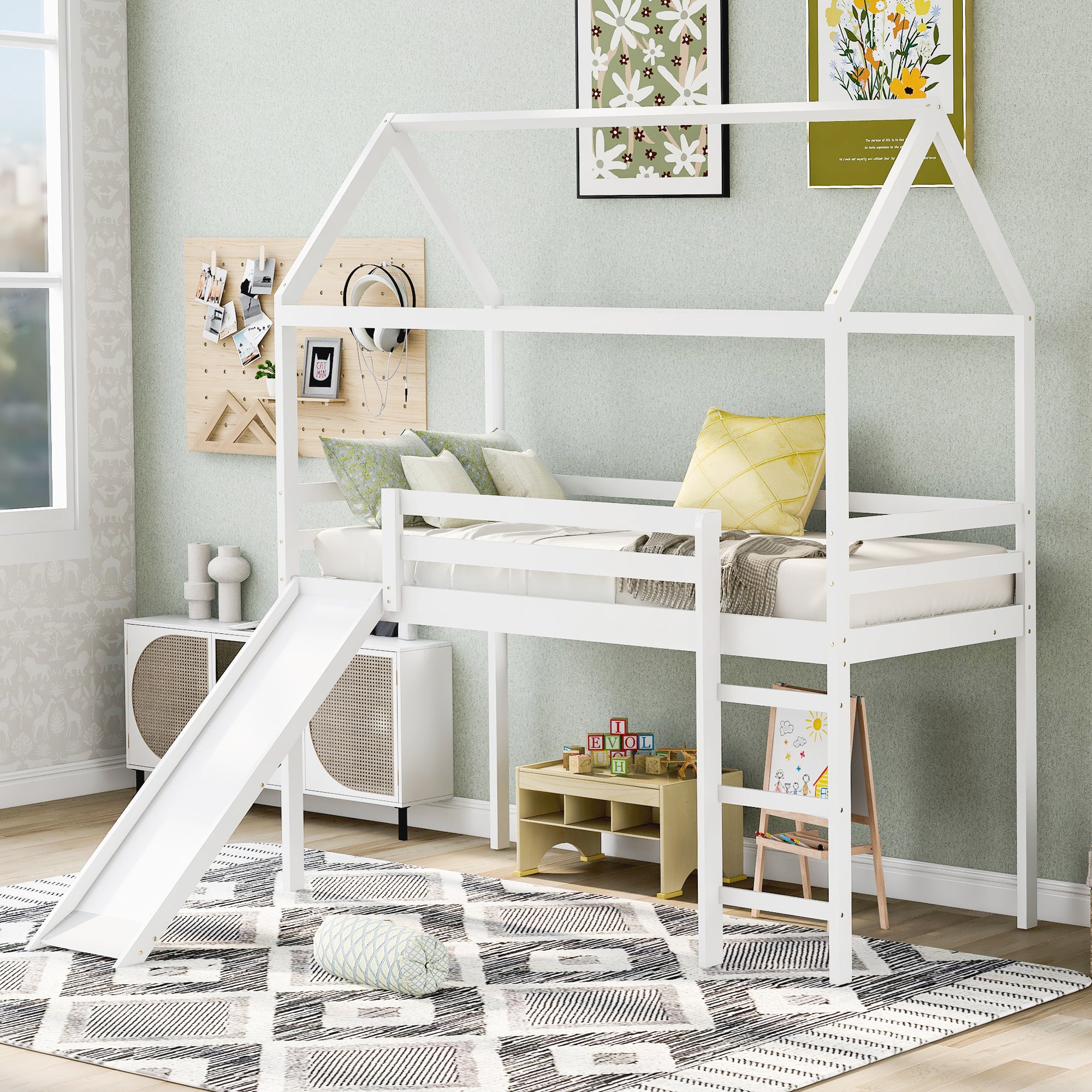 Twin Loft Bed With Slide, House Bed With Slide,White Old Sku :Wf286245Aak Twin White Solid Wood