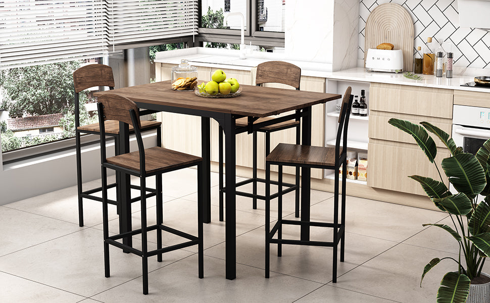 Farmhouse 5 Piece Counter Height Drop Leaf Dining Table Set With Dining Chairs For 4,Black Frame Brown Tabletop Brown Solid Back Seats 4 Metal Dining Room Drop Leaf Folding Farmhouse 4 Leg Rectangular Dining Table With Chair Metal