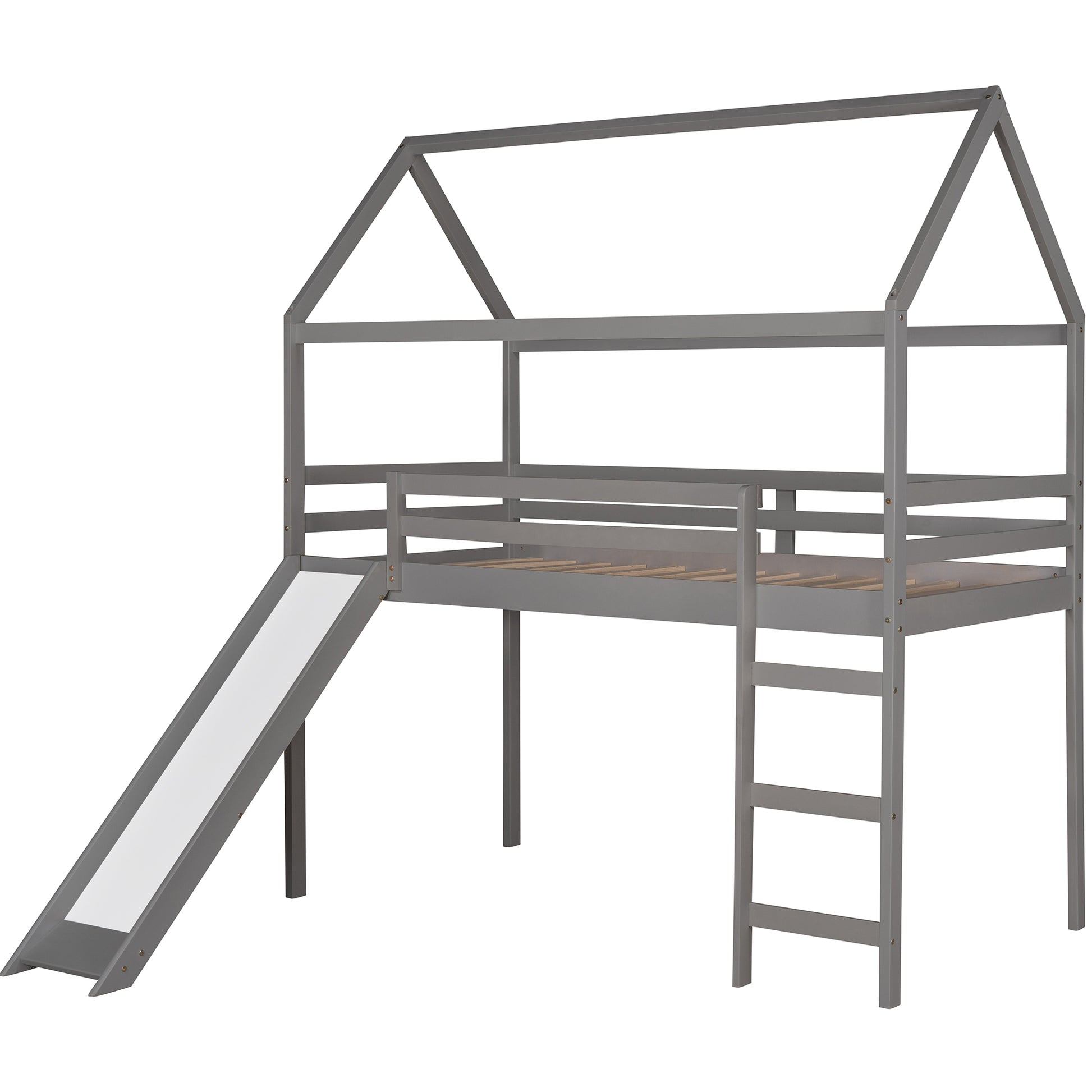 Twin Loft Bed With Slide, House Bed With Slide,Gray Old Sku :Wf286245Aae Twin Gray Solid Wood