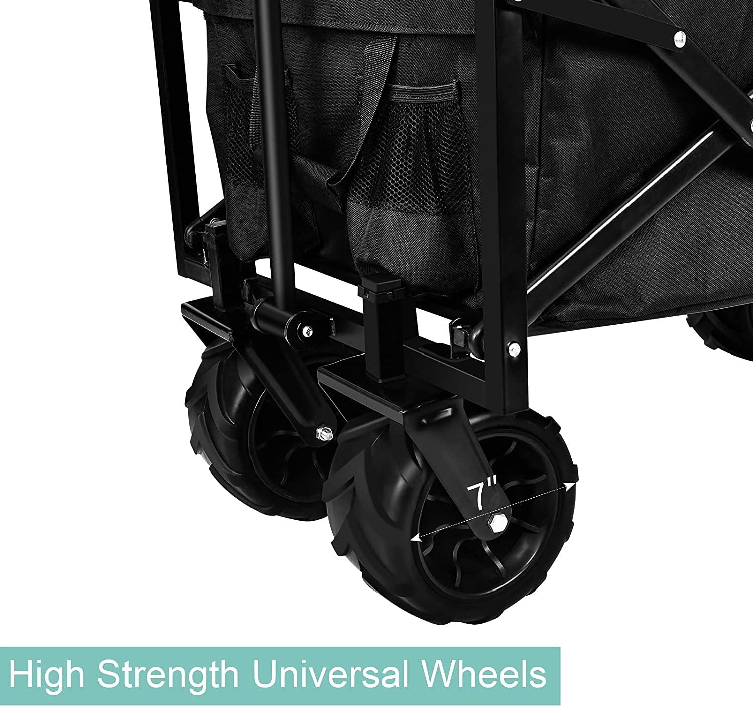 Yssoa Heavy Duty Folding Portable Cart Wagon With 7'' Widened All Terrain Wheels Prevent To Sinking In The Sand, Adjustable Handles And Double Fabric For Shopping, Park, Beach, Camping, Black Black Steel