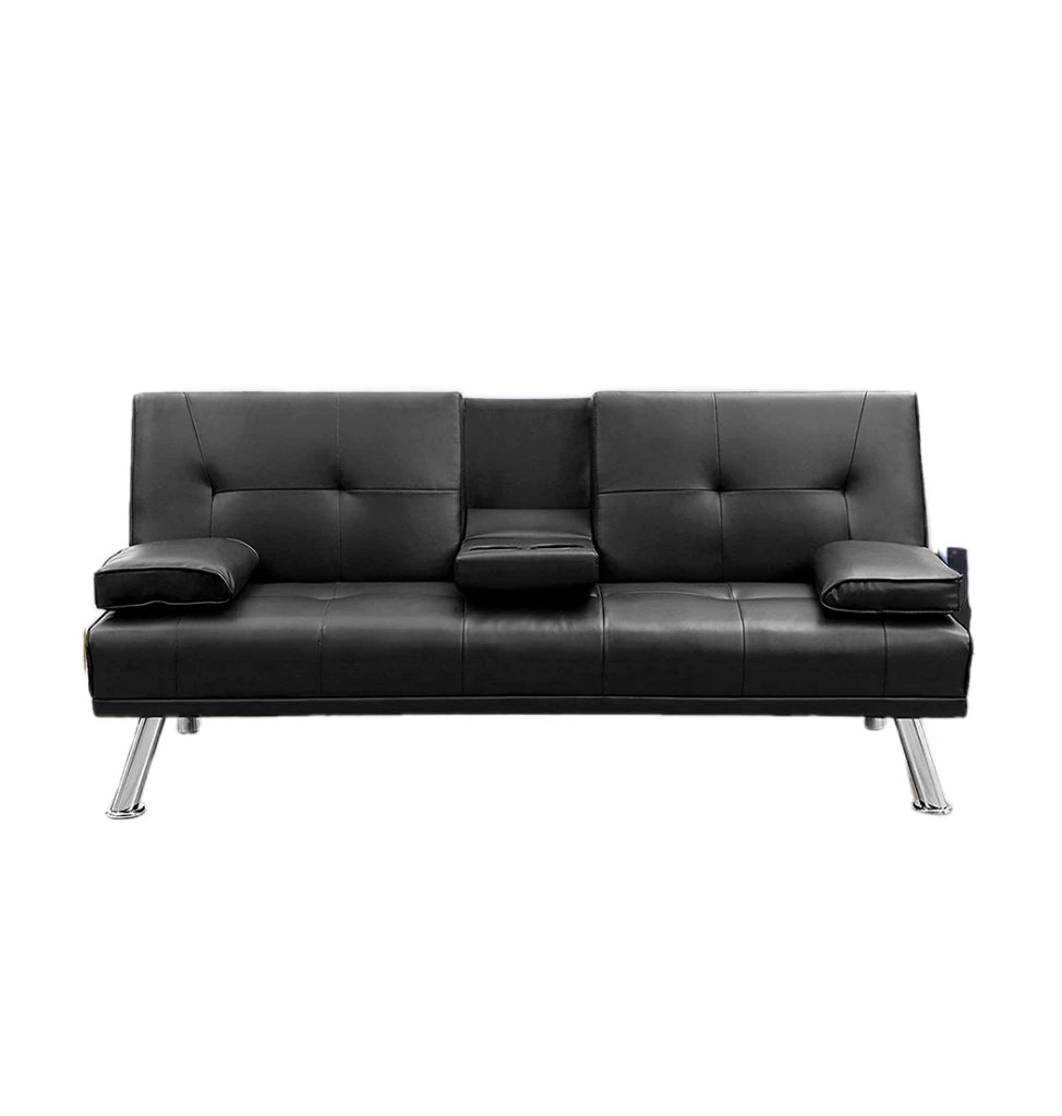 Mega Futon Sofa Bed, Modern Faux Leather Convertible Folding Lounge Sofa For Living Room With 2 Cup Holders Removable Soft Armrests And Sturdy Metal Legs, Charming Black. Black Foam Pu