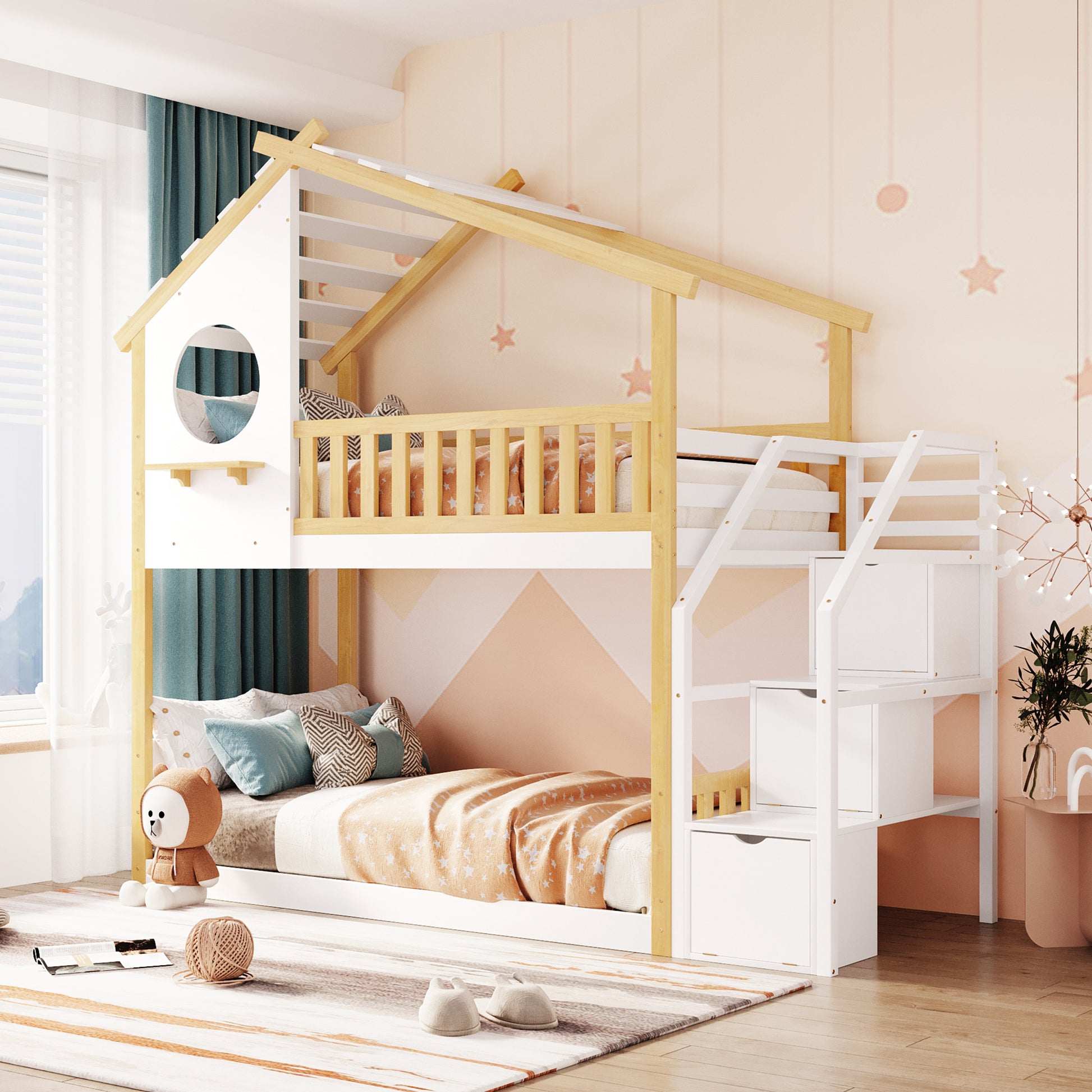 Stairway Twin Over Twin Bunk Bed,House Bed,Storage And Guard Rail,Natural Bed White Stair Old Sku :Lt000308Aak White Solid Wood