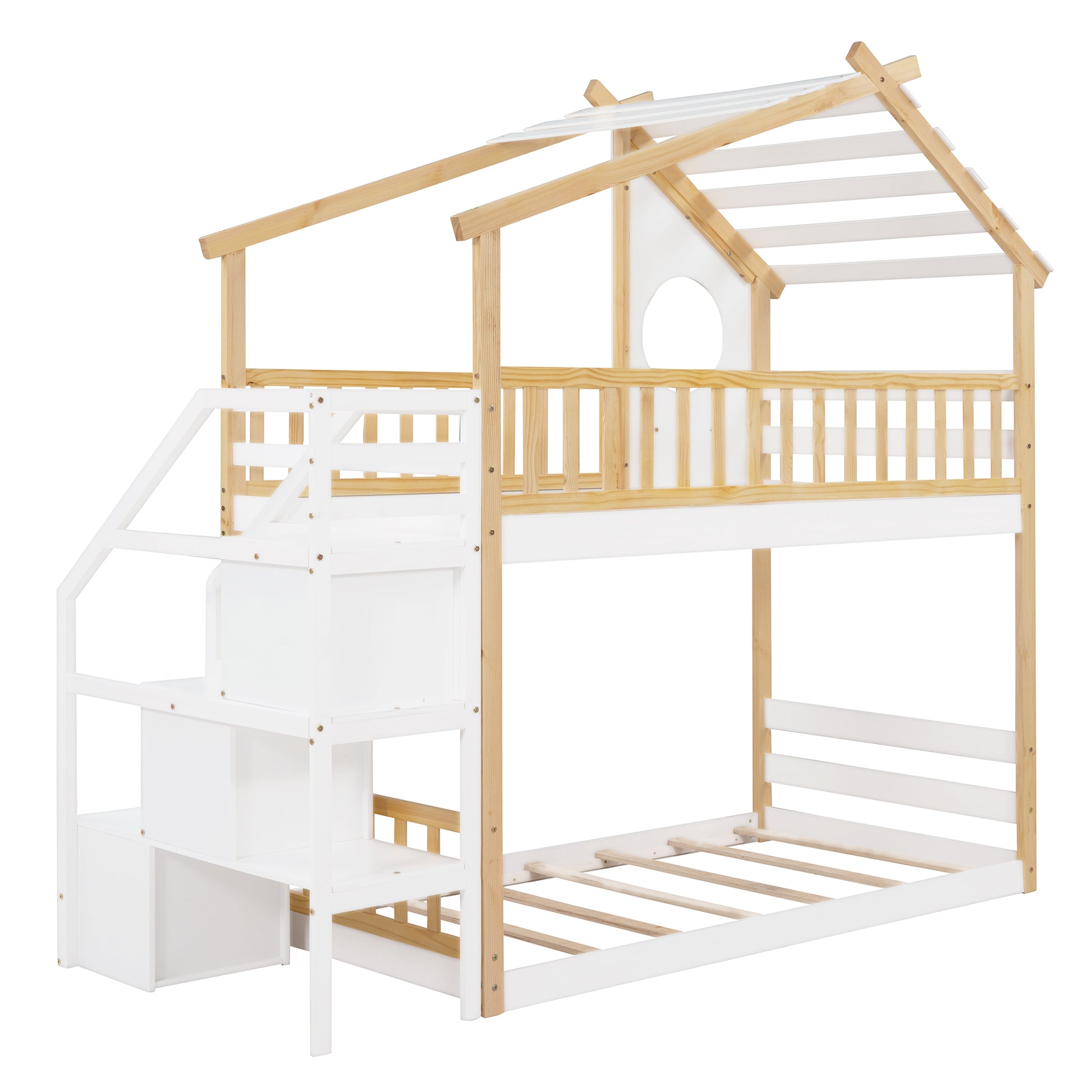 Stairway Twin Over Twin Bunk Bed,House Bed,Storage And Guard Rail,Natural Bed White Stair Old Sku :Lt000308Aak White Solid Wood