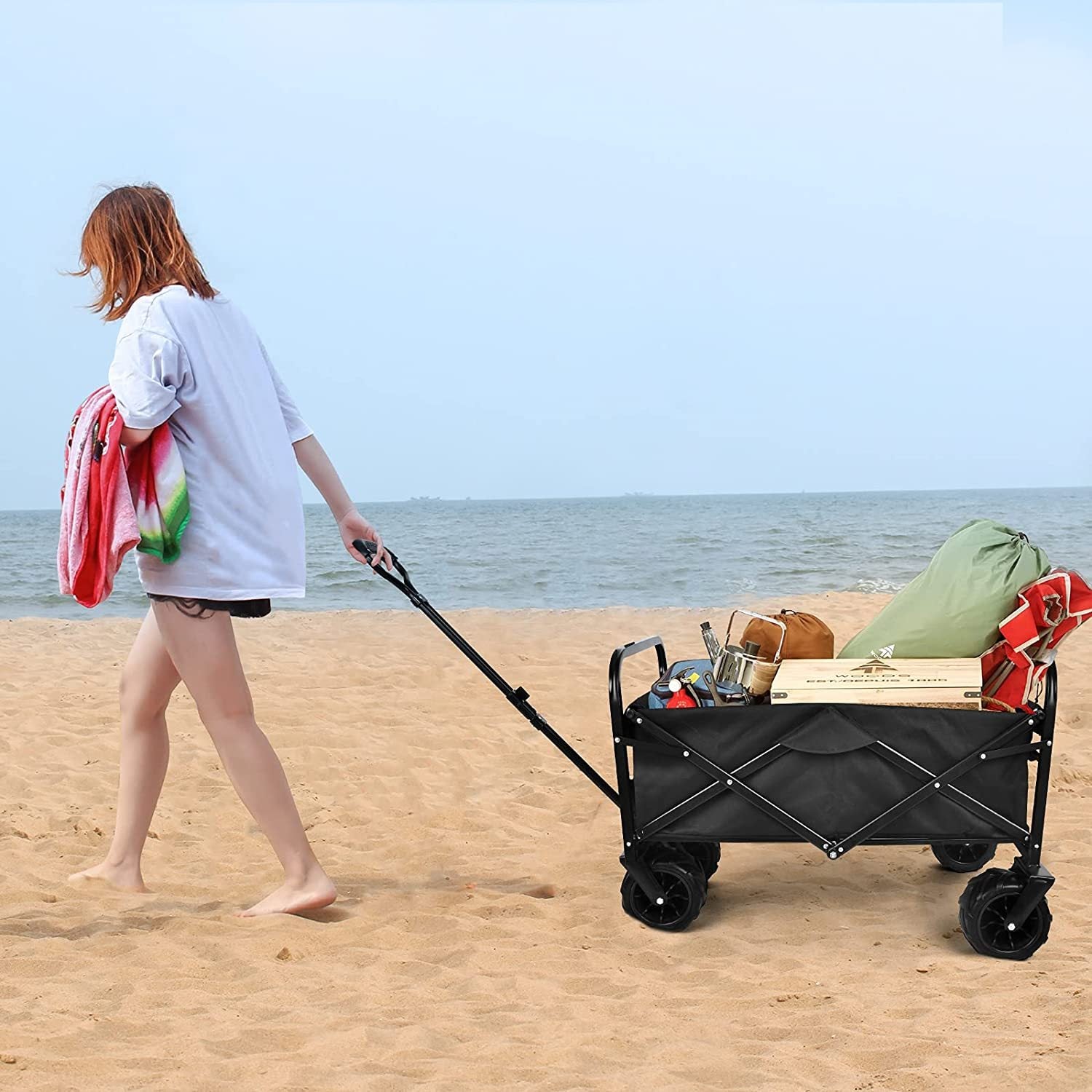 Yssoa Heavy Duty Folding Portable Cart Wagon With 7'' Widened All Terrain Wheels Prevent To Sinking In The Sand, Adjustable Handles And Double Fabric For Shopping, Park, Beach, Camping, Black Black Steel