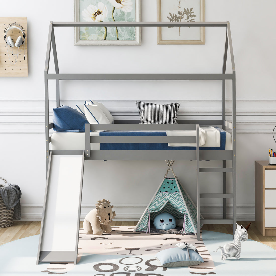 Twin Loft Bed With Slide, House Bed With Slide,Gray Old Sku :Wf286245Aae Twin Gray Solid Wood