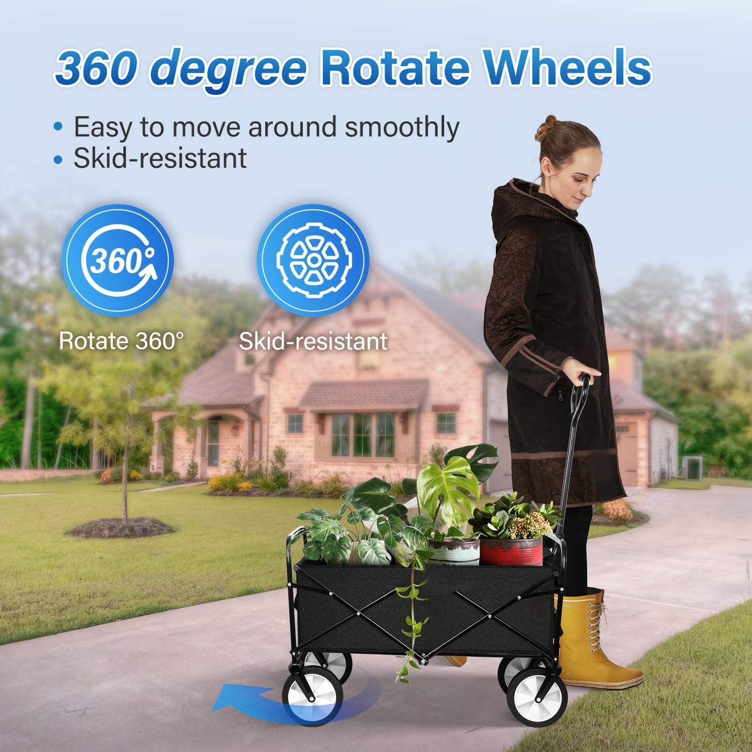 Yssoa Heavy Duty Folding Portable Hand Cart With Removable Canopy, 8'' Wheels, Adjustable Handles And Double Fabric For Shopping, Picnic, Beach, Camping Black Steel