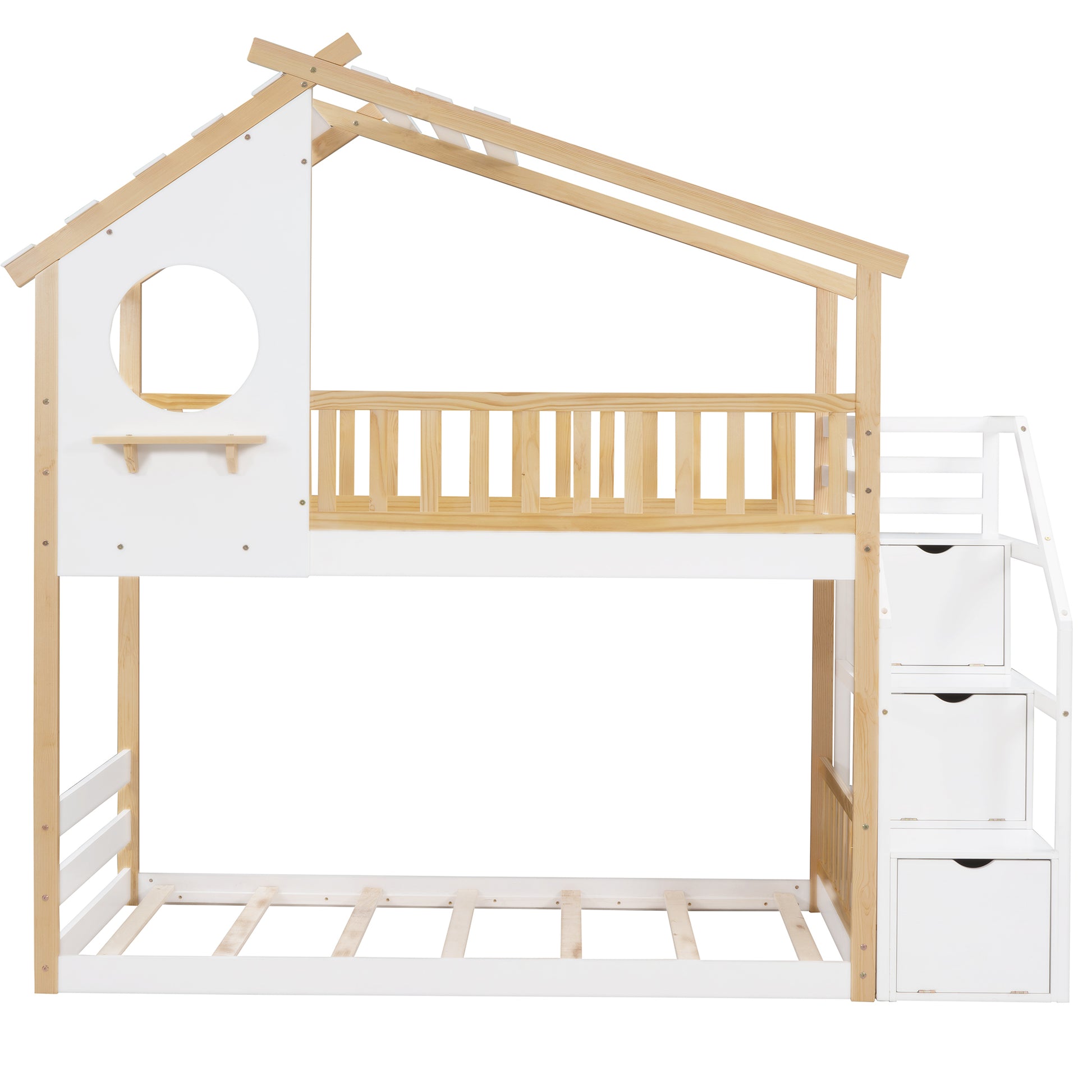 Stairway Twin Over Twin Bunk Bed,House Bed,Storage And Guard Rail,Natural Bed White Stair Old Sku :Lt000308Aak White Solid Wood