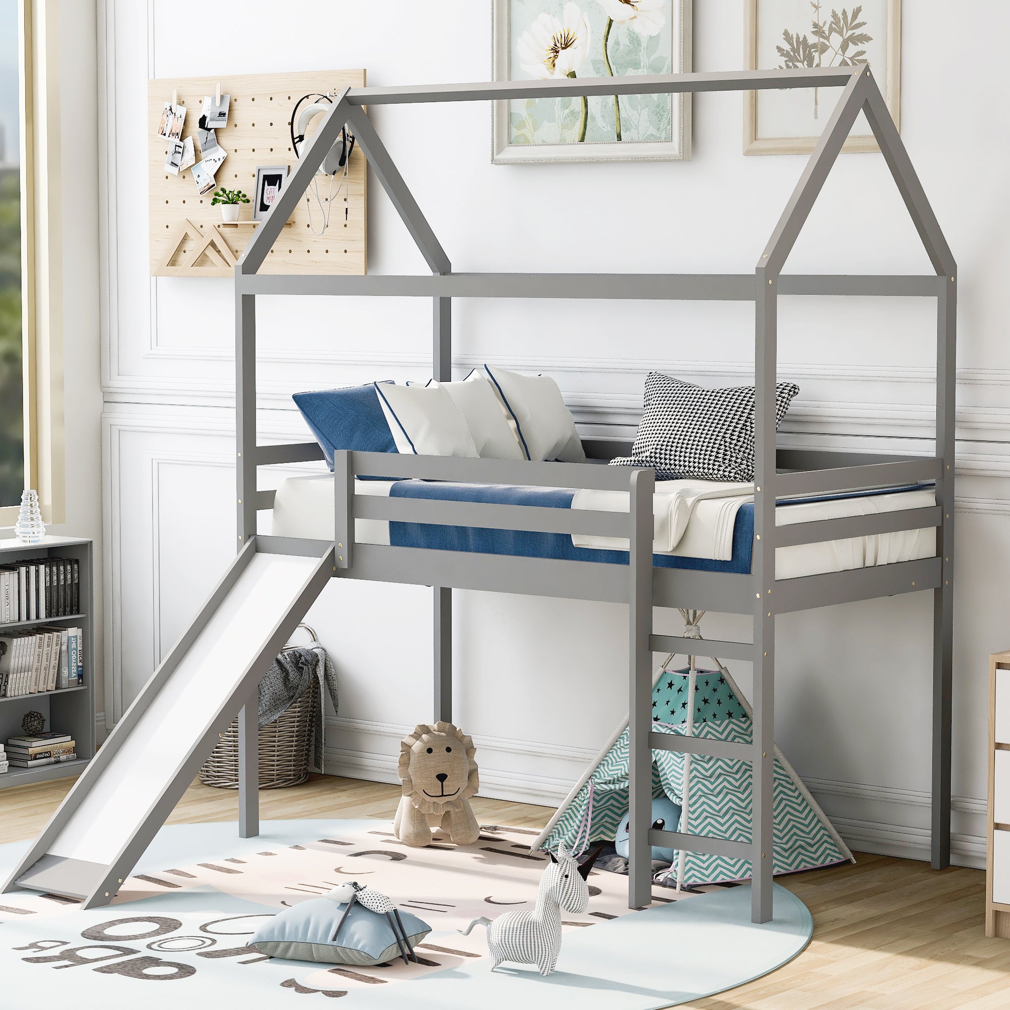 Twin Loft Bed With Slide, House Bed With Slide,Gray Old Sku :Wf286245Aae Twin Gray Solid Wood