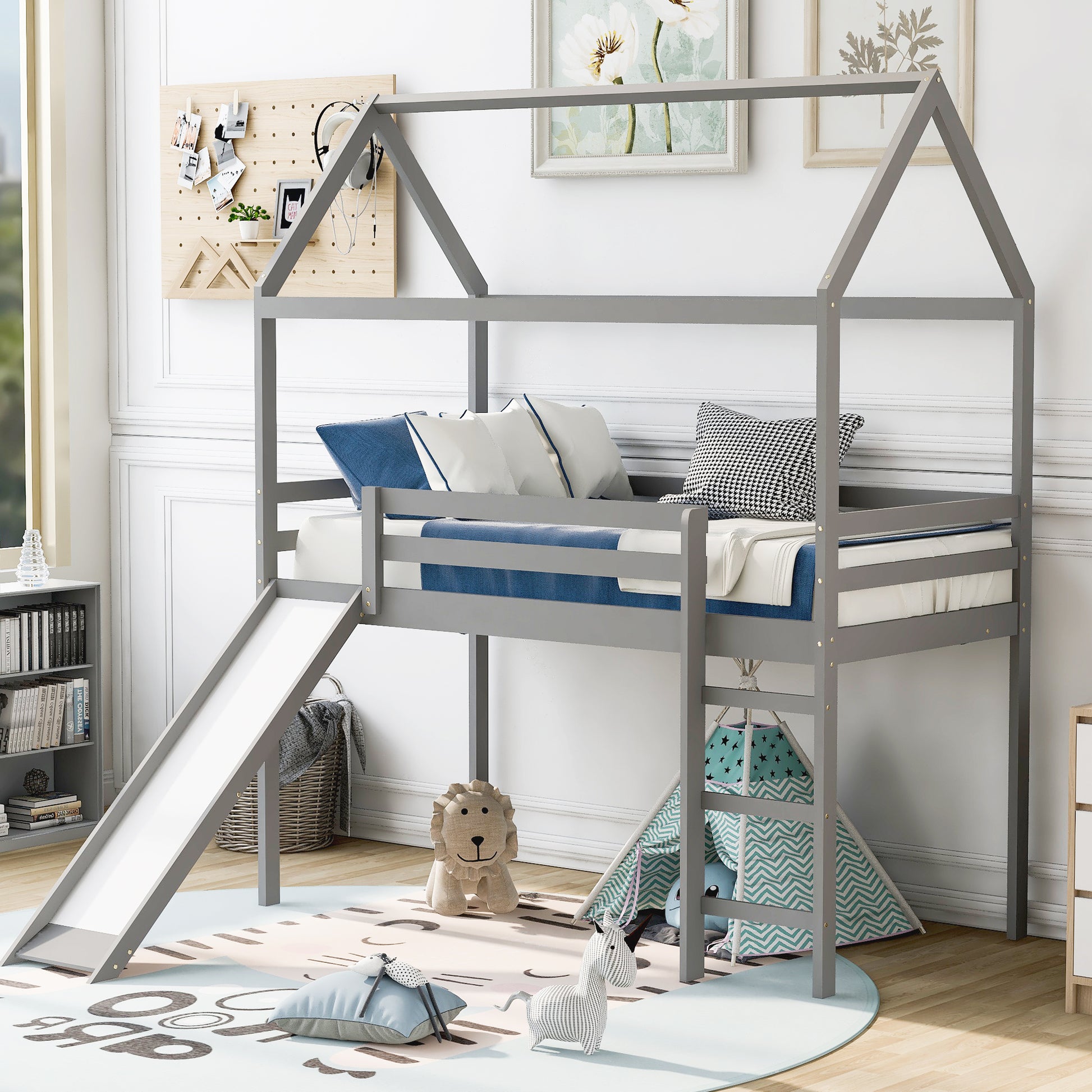 Twin Loft Bed With Slide, House Bed With Slide,Gray Old Sku :Wf286245Aae Twin Gray Solid Wood