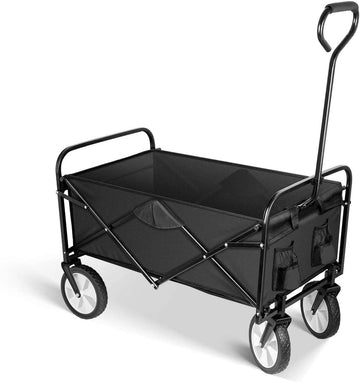 Yssoa Heavy Duty Folding Portable Hand Cart With Removable Canopy, 8'' Wheels, Adjustable Handles And Double Fabric For Shopping, Picnic, Beach, Camping Black Steel