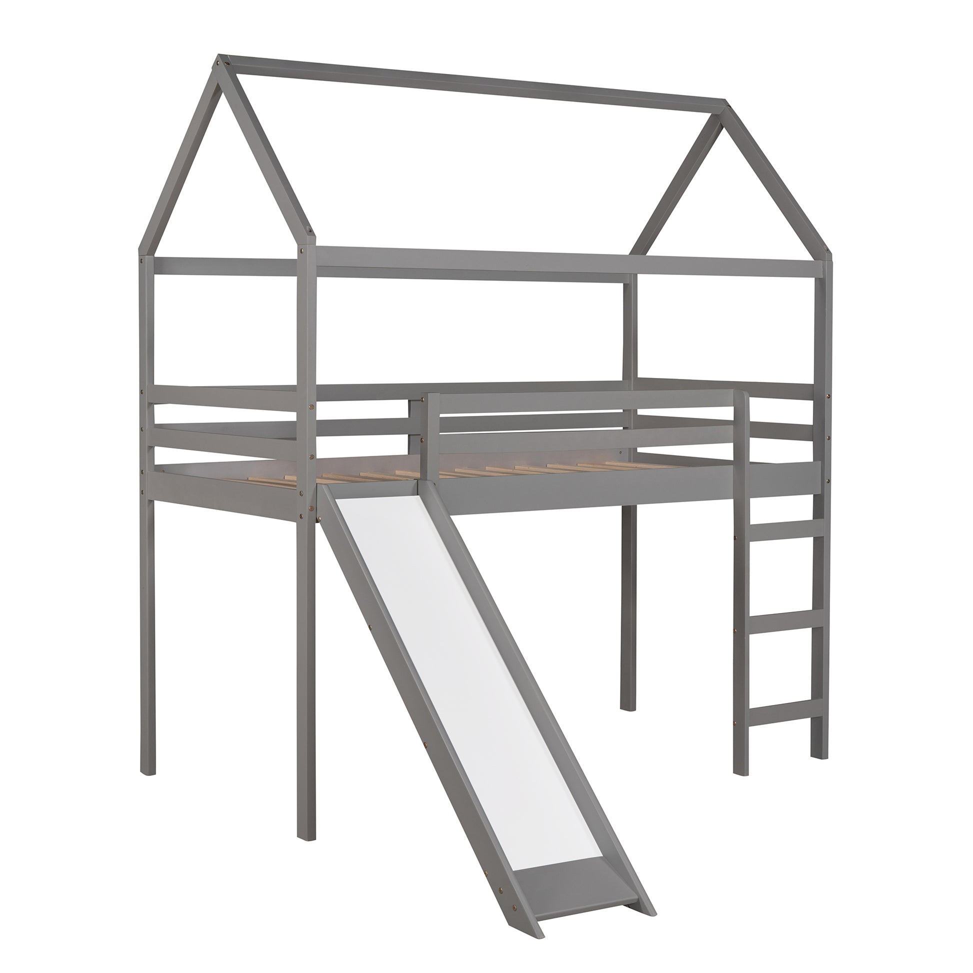 Twin Loft Bed With Slide, House Bed With Slide,Gray Old Sku :Wf286245Aae Twin Gray Solid Wood