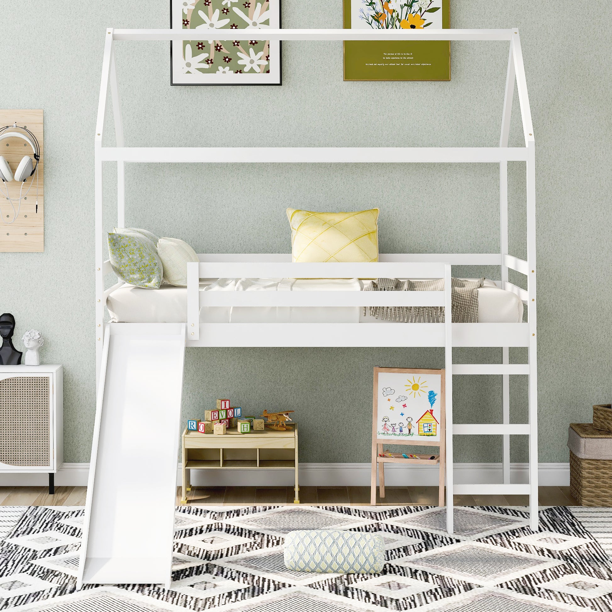 Twin Loft Bed With Slide, House Bed With Slide,White Old Sku :Wf286245Aak Twin White Solid Wood