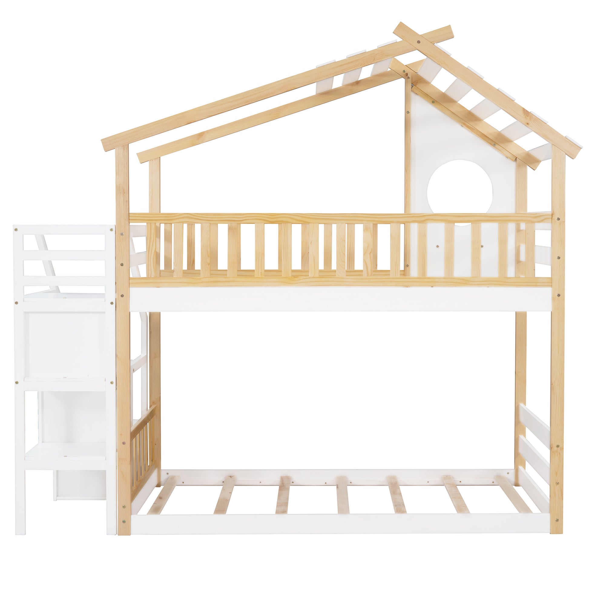 Stairway Twin Over Twin Bunk Bed,House Bed,Storage And Guard Rail,Natural Bed White Stair Old Sku :Lt000308Aak White Solid Wood