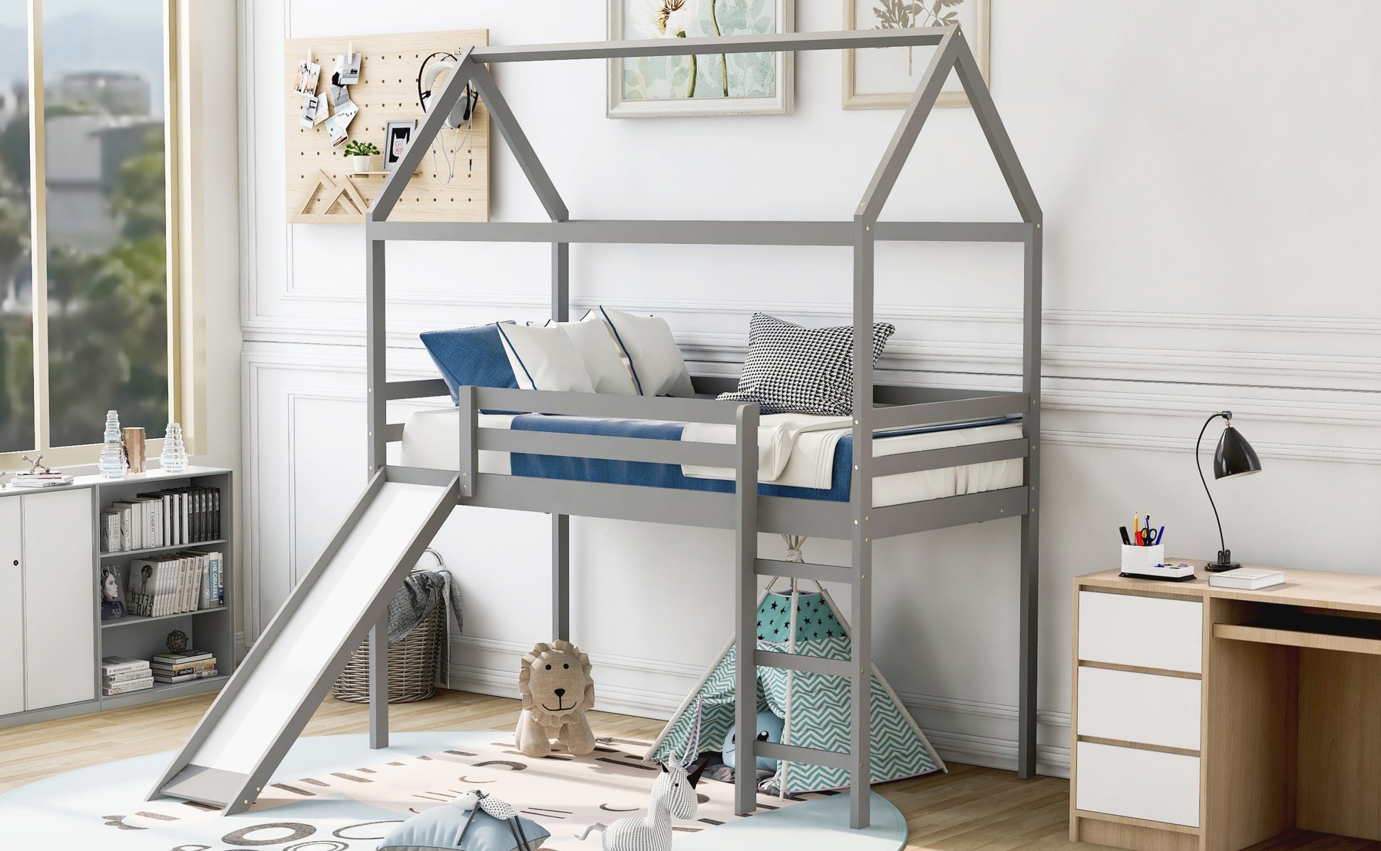 Twin Loft Bed With Slide, House Bed With Slide,Gray Old Sku :Wf286245Aae Twin Gray Solid Wood