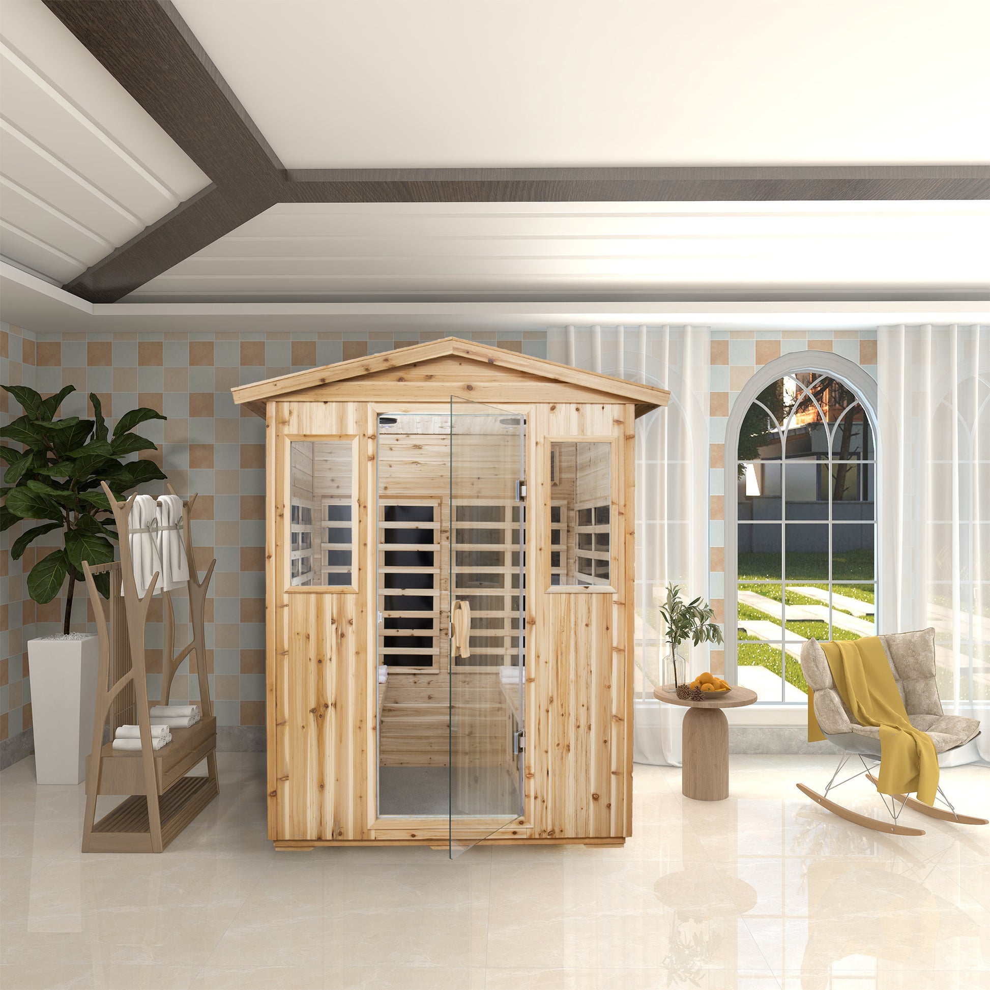 Four Person Old Fir Far Infrared Outdoor Sauna Room Natural Wood Wood Stainless Steel Glass
