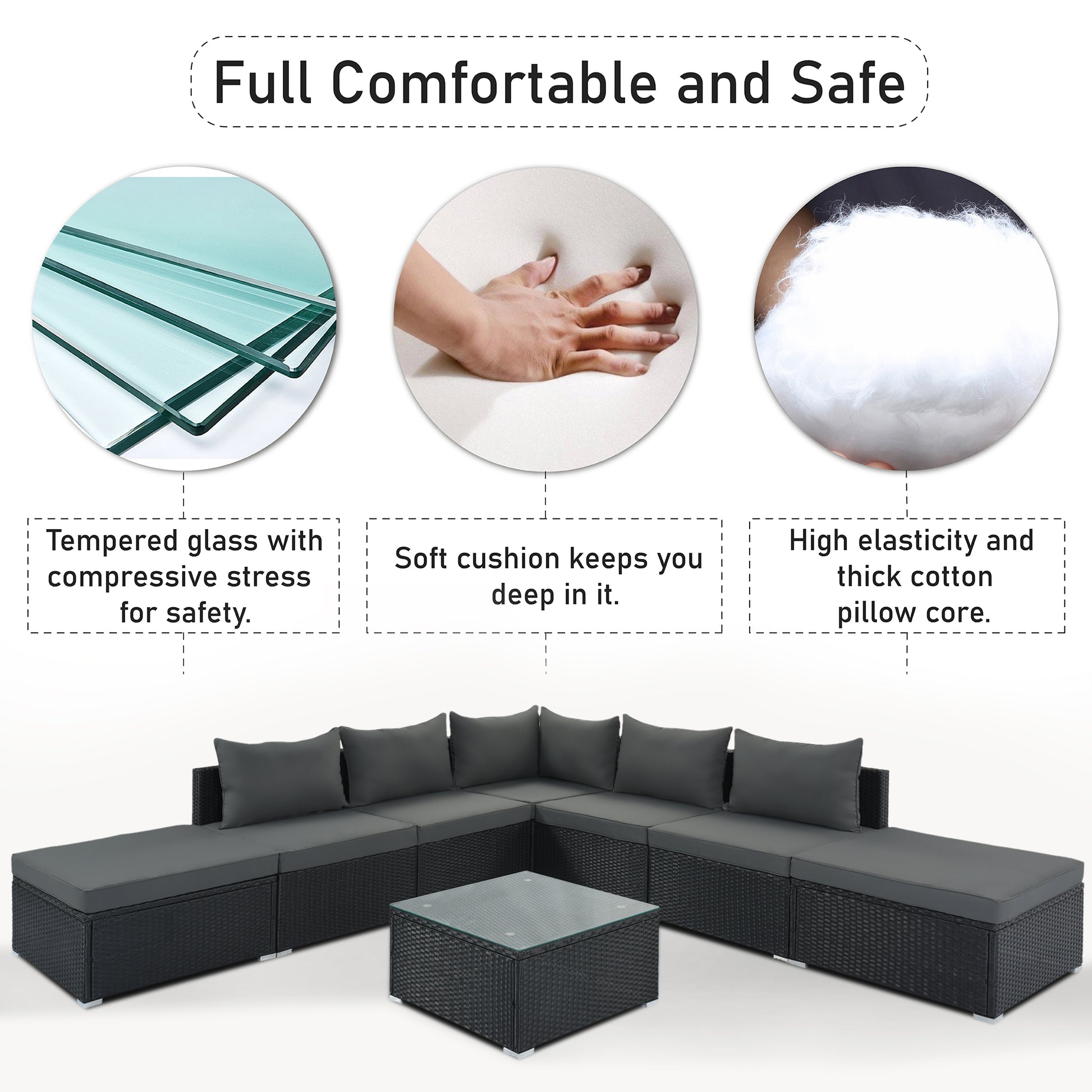 8 Pieces Outdoor Patio Furniture Sets, Garden Conversation Wicker Sofa Set, Single Sofa Combinable, Gray Cushions Black Wicker Yes Gray Wicker