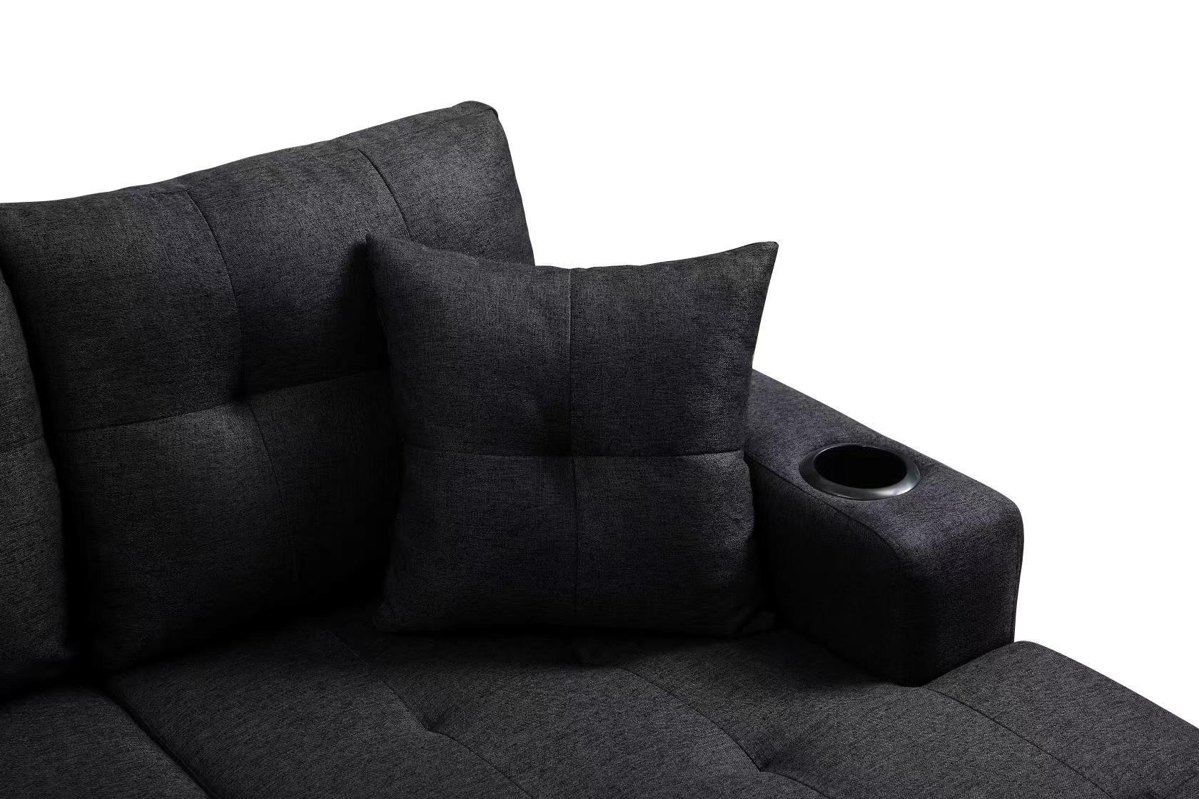 Mega Right Sectional Sofa With Footrest, Convertible Corner Sofa With Armrest Storage, Living Room And Apartment Sectional Sofa, Right Chaise Longue And Grey Black Foam Fabric