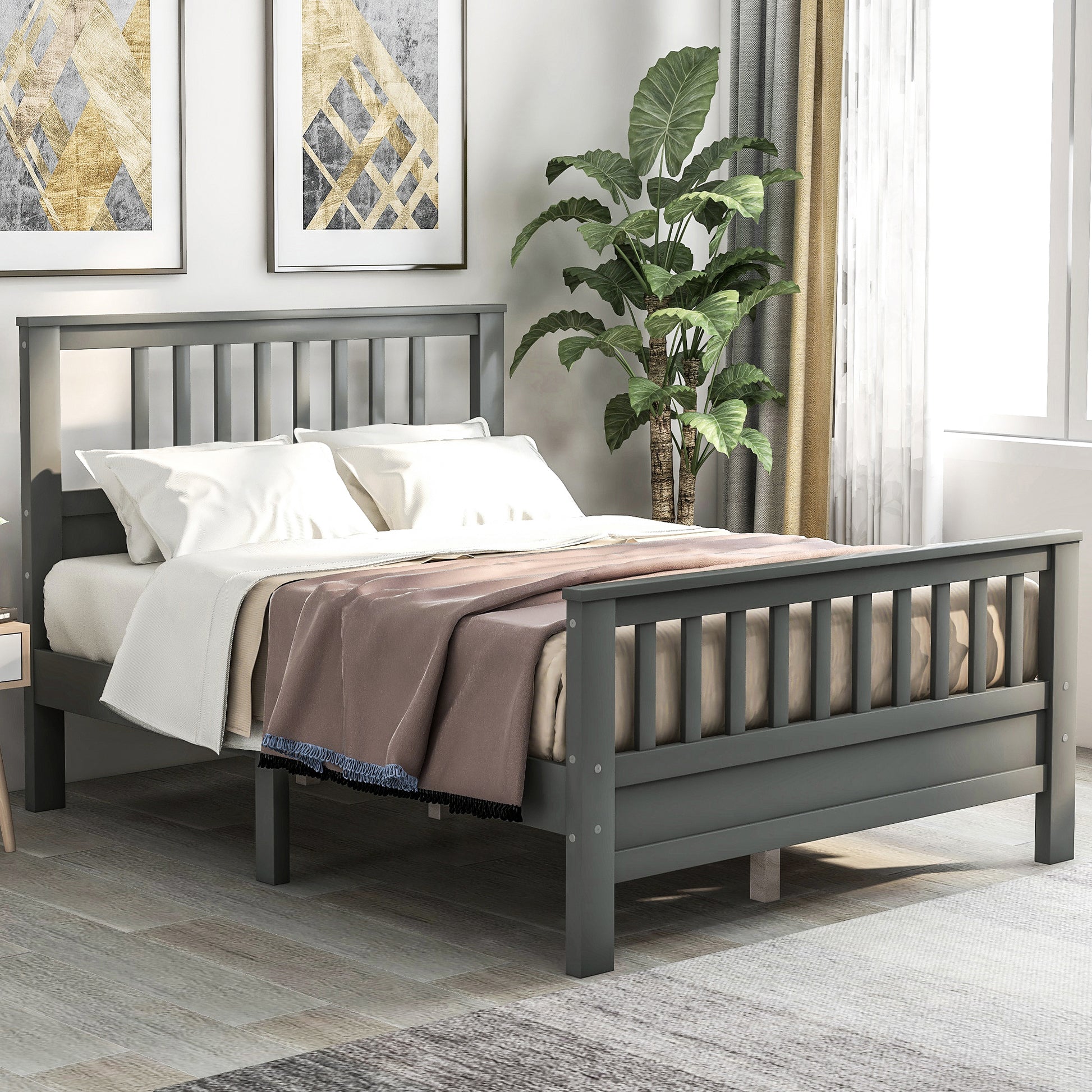 Wood Platform Bed With Headboard And Footboard, Full Gray Full Gray Pine