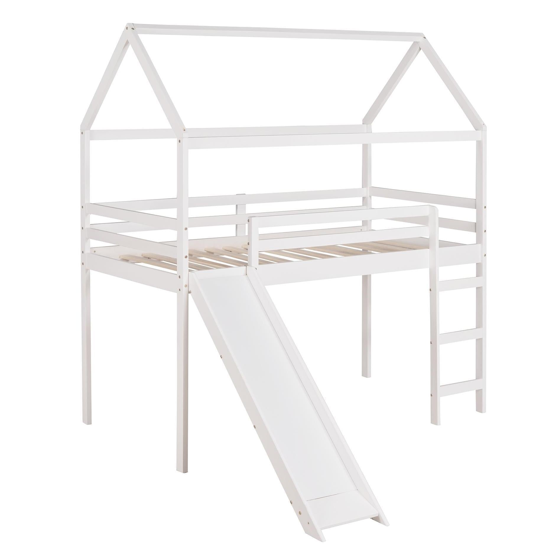 Twin Loft Bed With Slide, House Bed With Slide,White Old Sku :Wf286245Aak Twin White Solid Wood