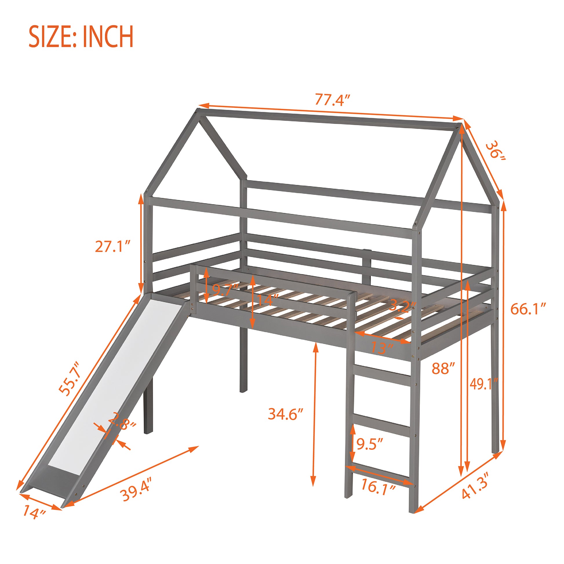 Twin Loft Bed With Slide, House Bed With Slide,Gray Old Sku :Wf286245Aae Twin Gray Solid Wood