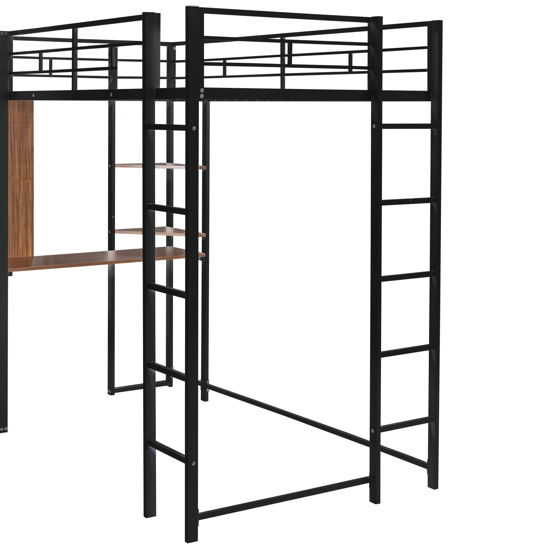 Twin Metal Loft Bed With 2 Shelves And One Desk ,Black Old Sku: Mf281206Aab Black Metal