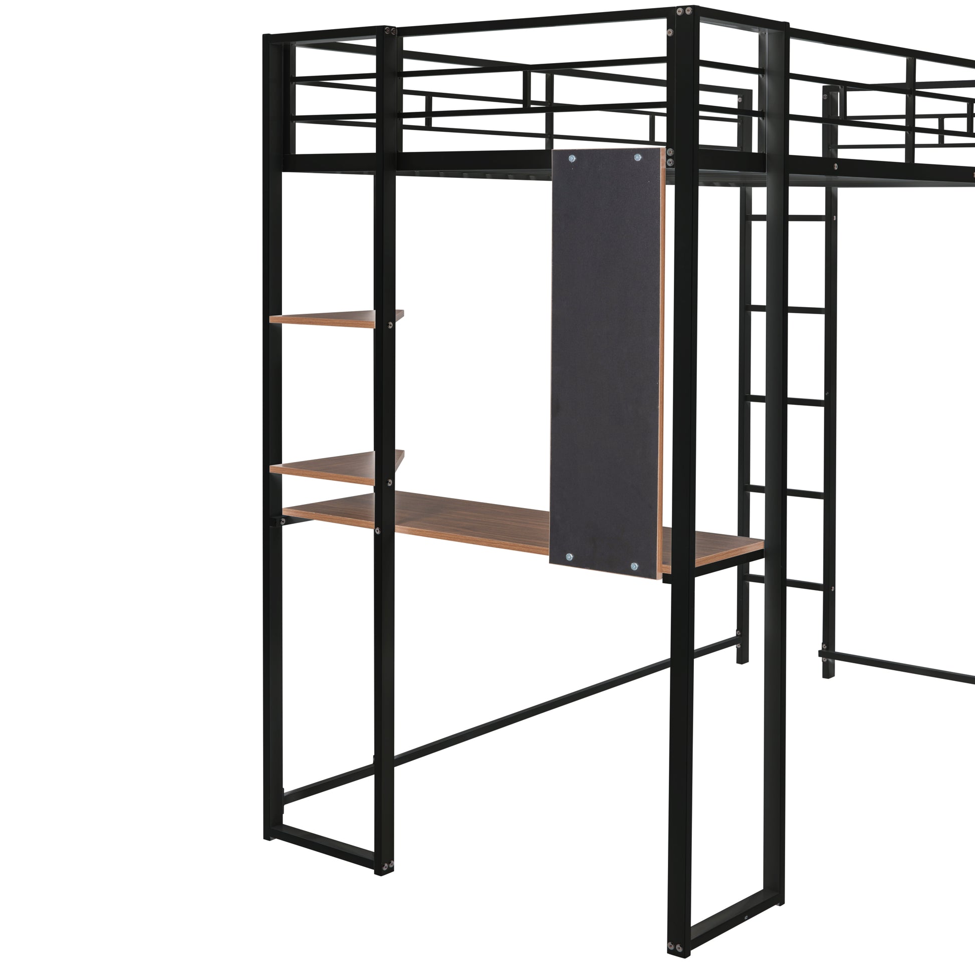 Twin Metal Loft Bed With 2 Shelves And One Desk ,Black Old Sku: Mf281206Aab Black Metal